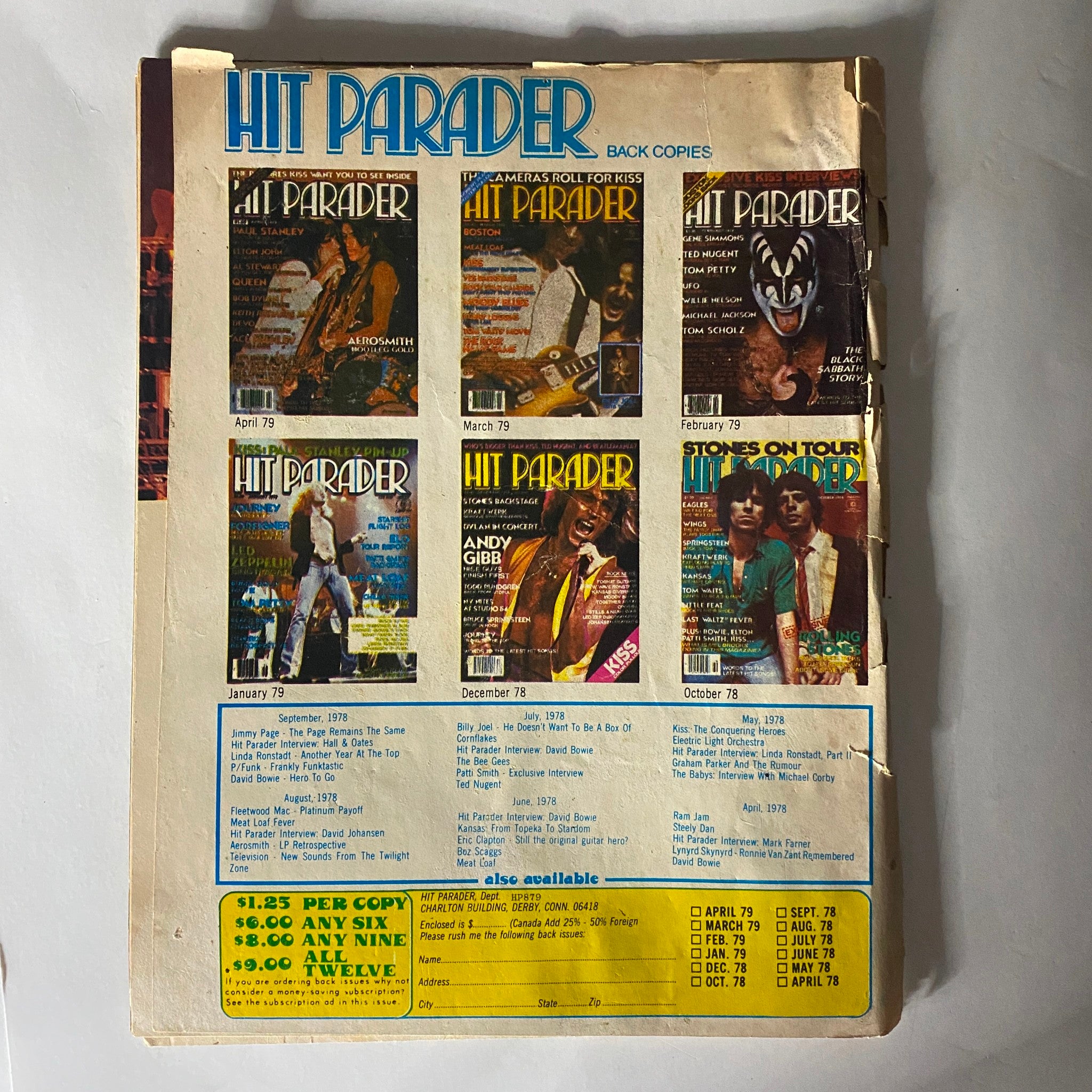 Back cover of VTG Hit Parader Magazine August 1979 displaying advertisements and previous magazine issues, featuring prominent rock artists.