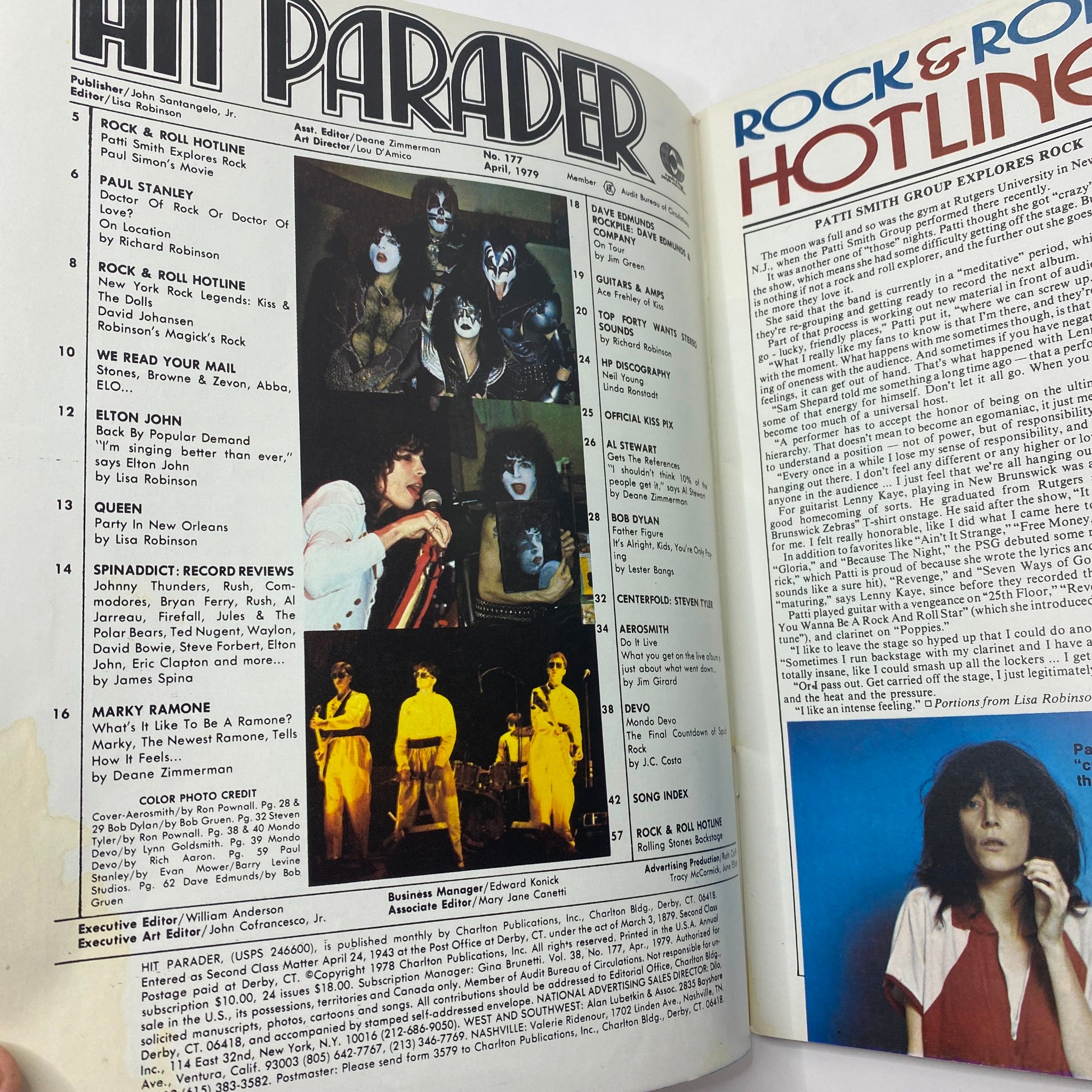 Interior page of VTG Hit Parader Magazine April 1979 displaying articles on rock legends, including a color photo credit to Steven Tyler, emphasizing the magazine's classic rock content.
