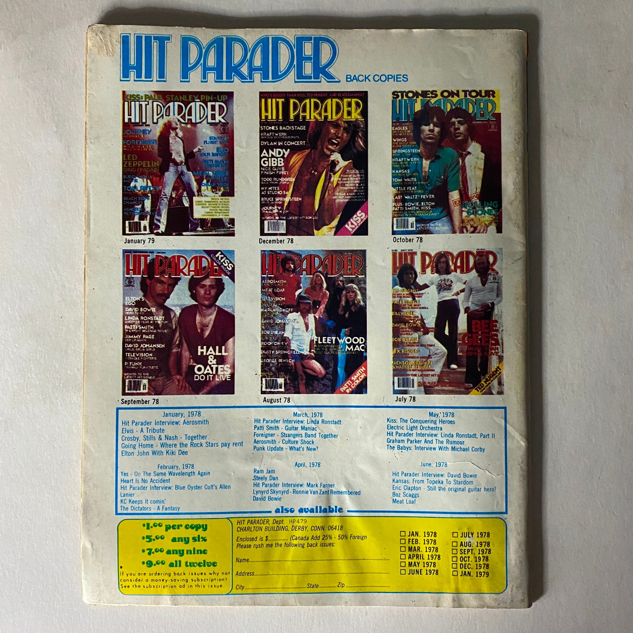 Back cover of VTG Hit Parader Magazine April 1979, displaying various previous issues and highlighting the magazine's rich history in rock music culture.