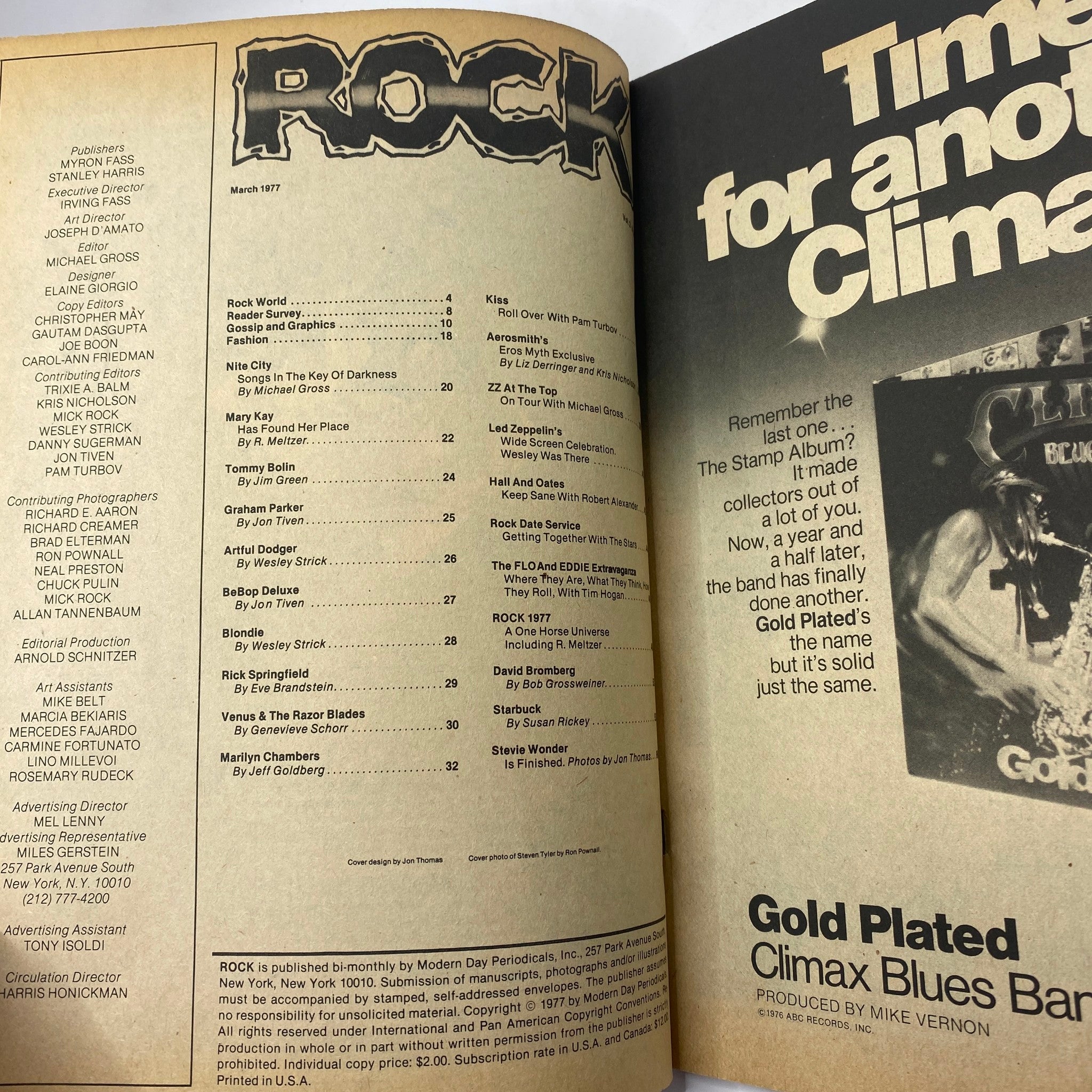 Inside page of VTG Rock Magazine March 1977 showcasing the table of contents and features related to classic rock bands.