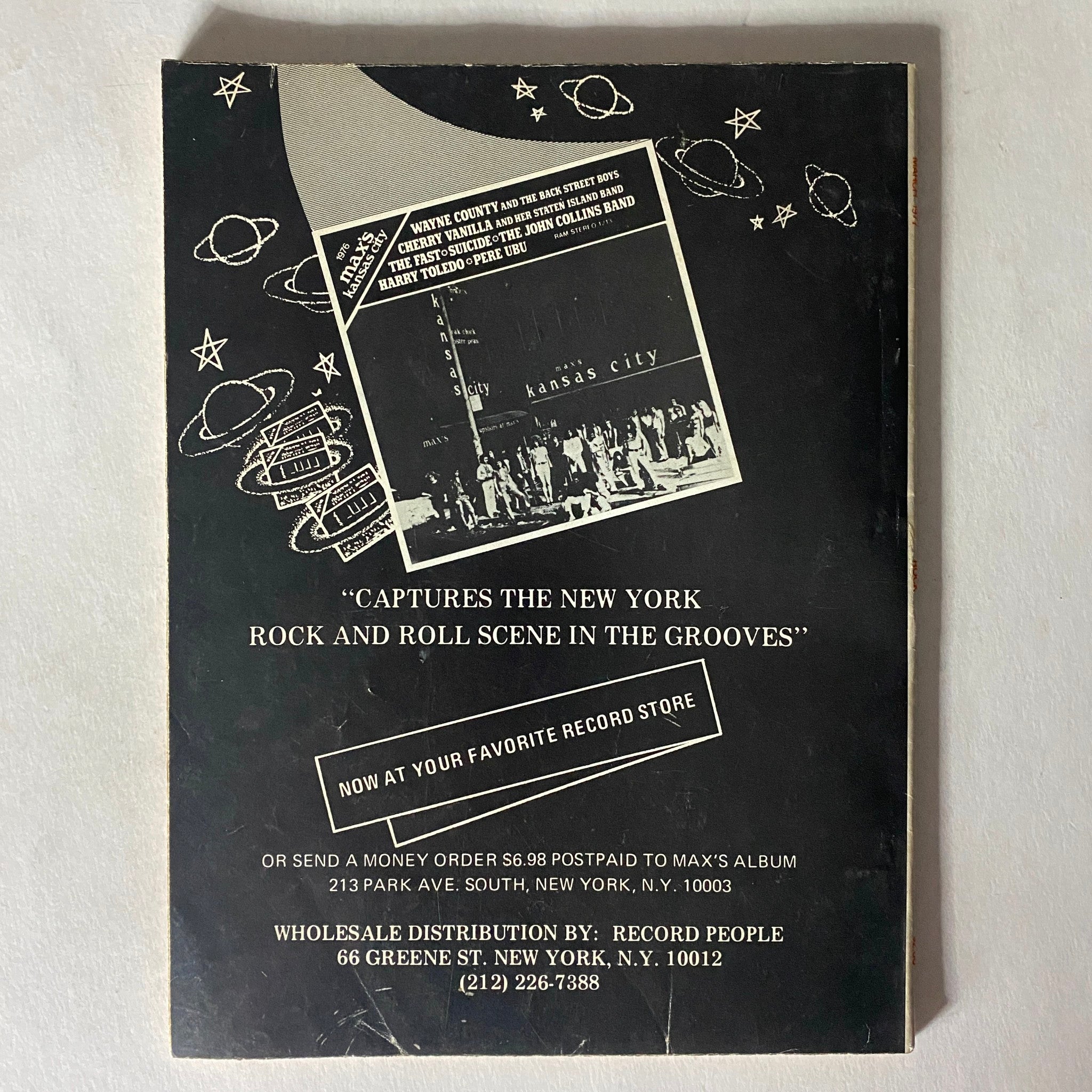 Back cover of VTG Rock Magazine March 1977 with promotional content reflecting the New York rock and roll scene.