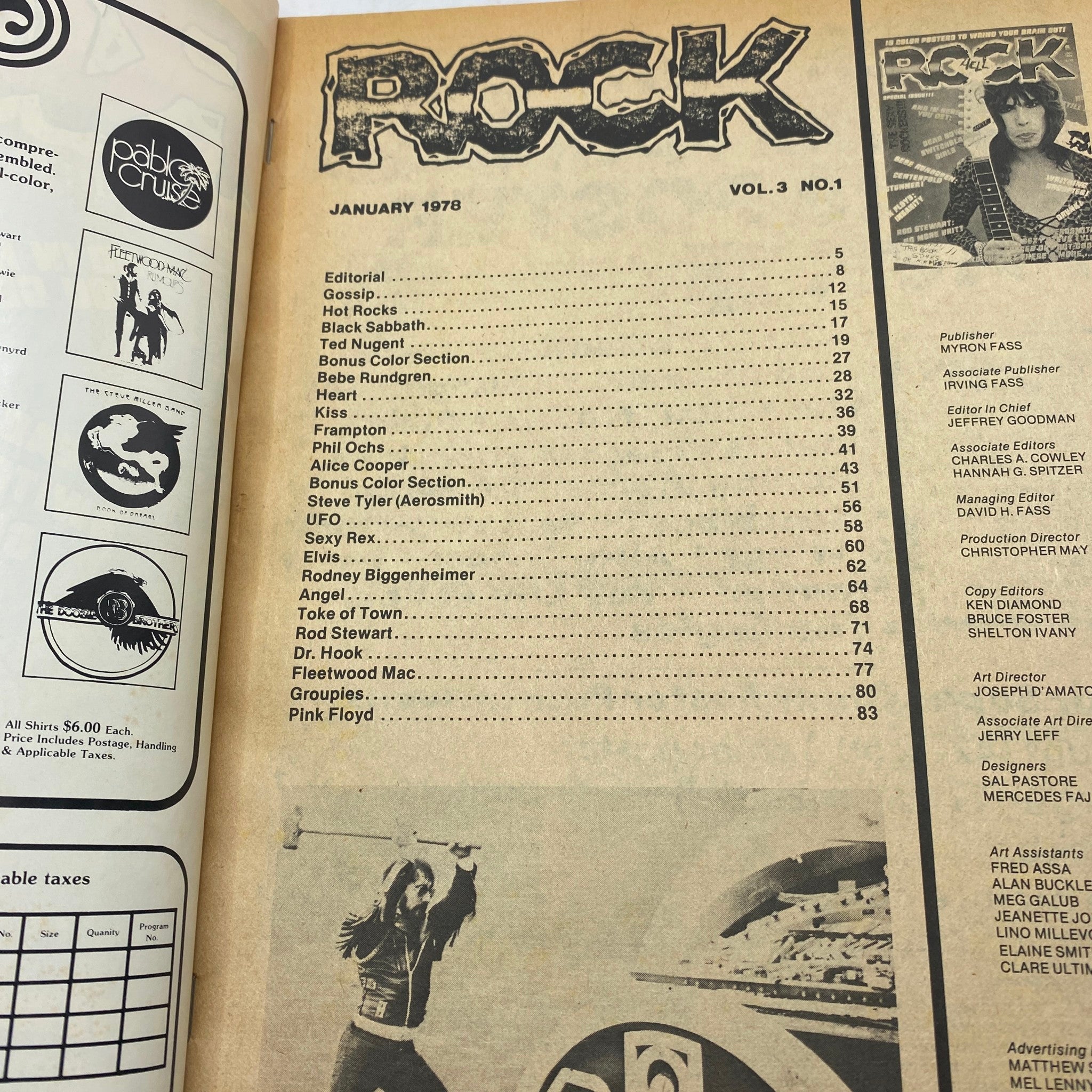 Inside page of VTG Rock Magazine January 1978 showcasing the table of contents including features on famous rock artists.