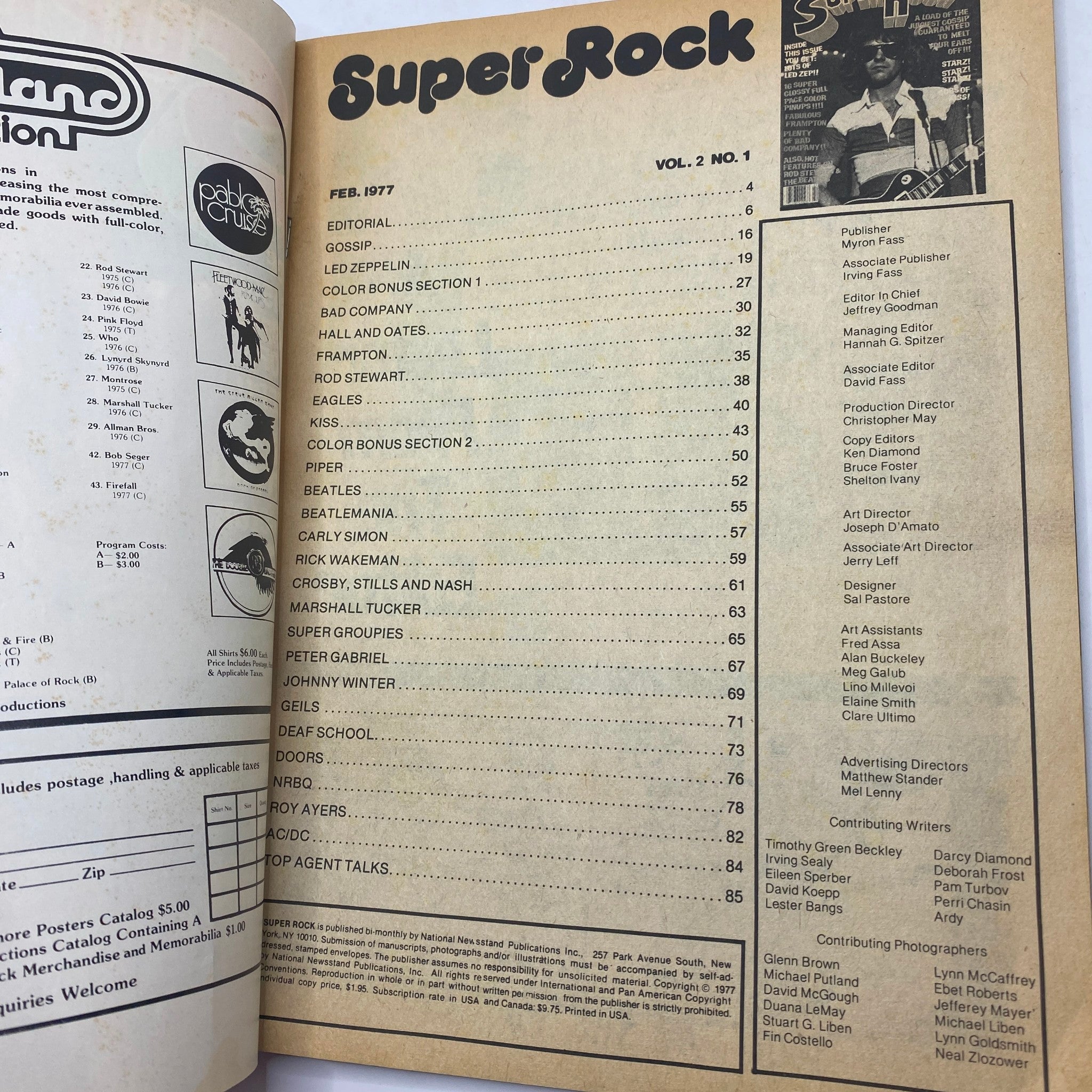 Inside page of the VTG Super Rock Magazine February 1978 displaying the table of contents with featured artists including Led Zeppelin.