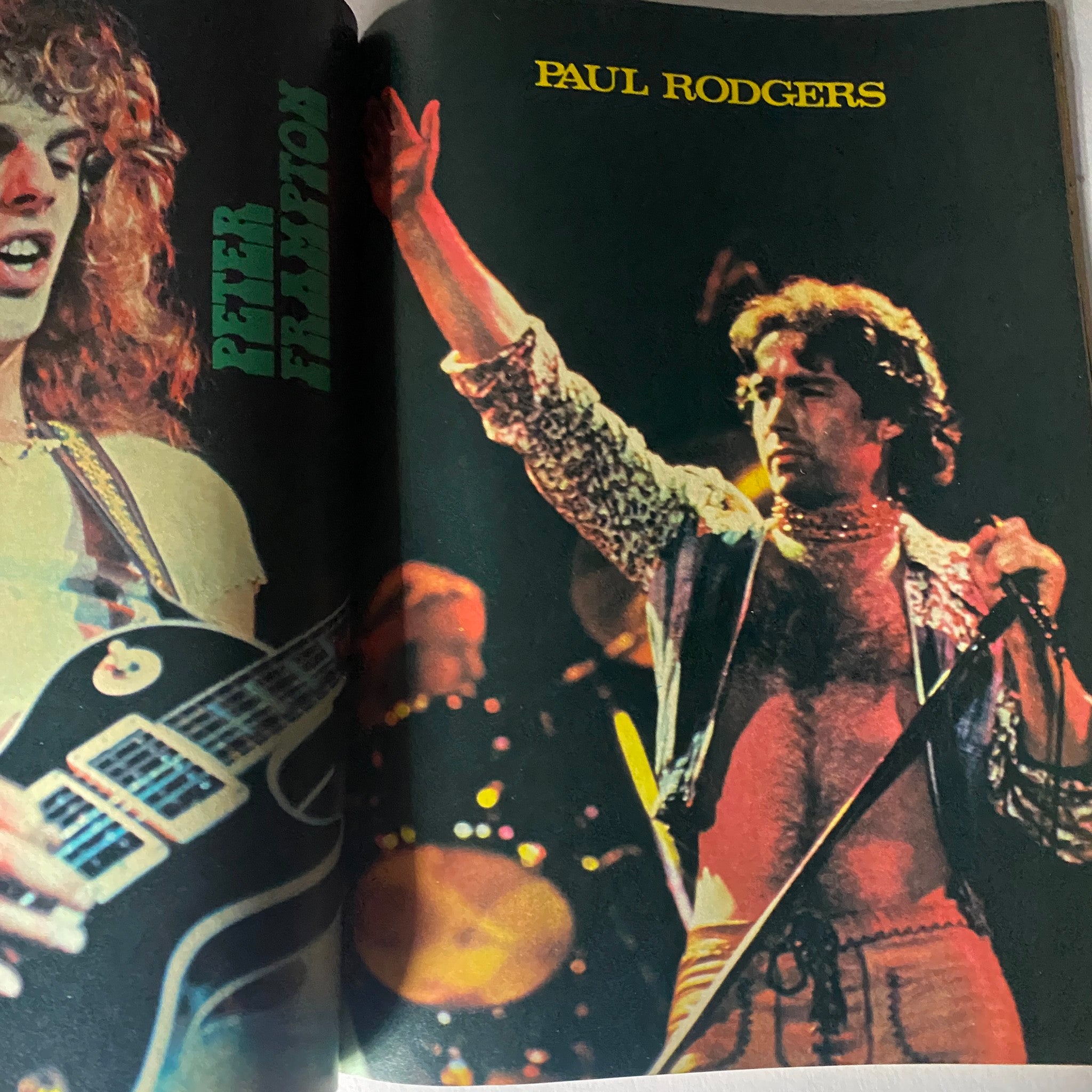 Featured page from VTG Super Rock Magazine February 1978 highlighting rock legends Peter Frampton and Paul Rodgers in concert.