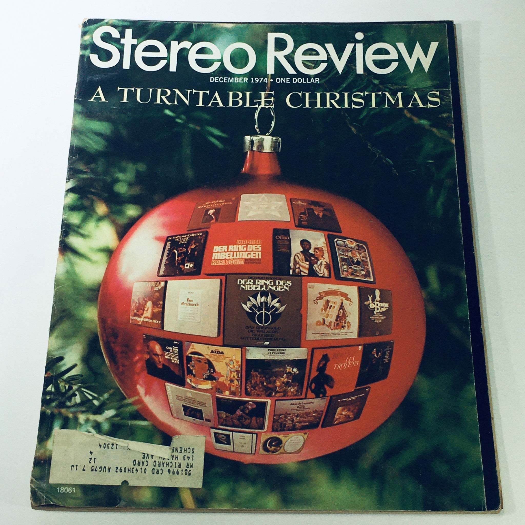 Cover image of VTG Stereo Review Magazine Vol. 33 No. 6 December 1974 - A Turntable Christmas featuring a vibrant red ornament surrounded by music album covers.