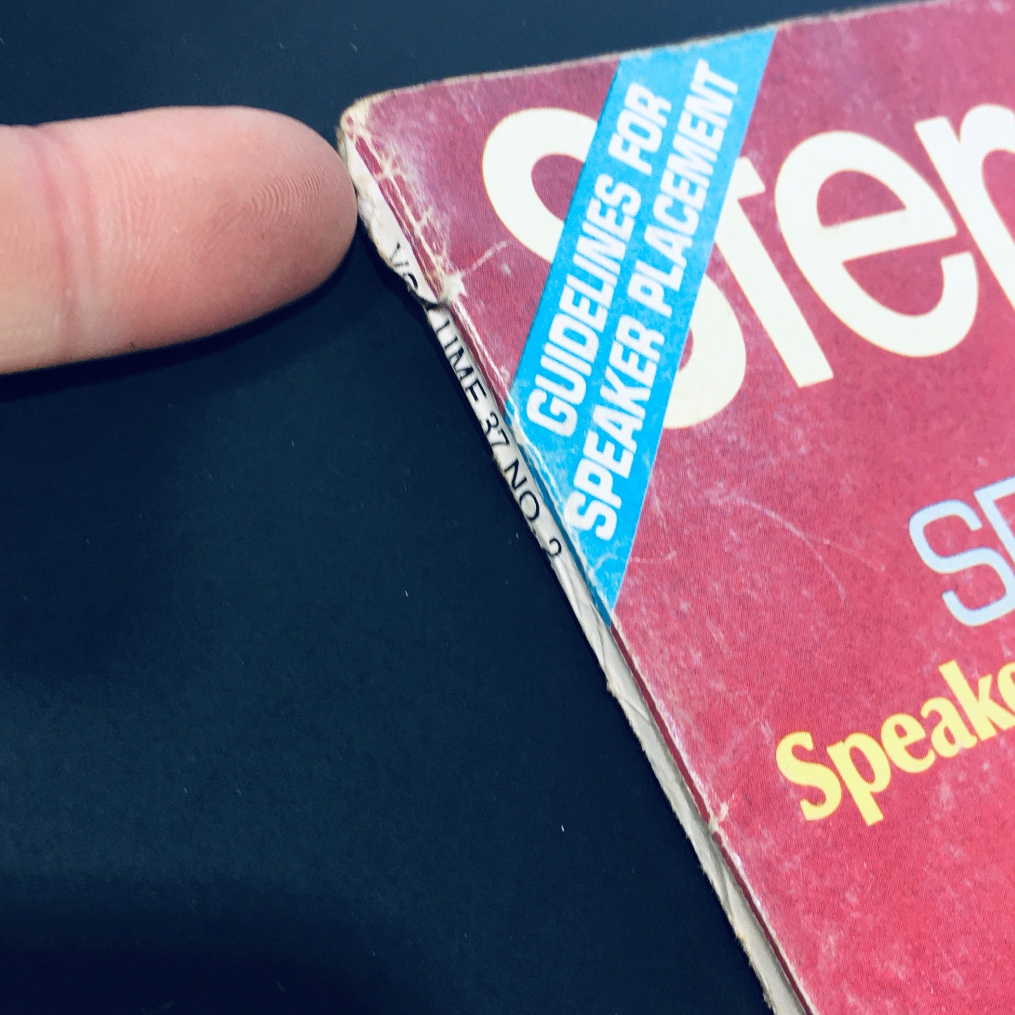 Close-up of the top edge of VTG Stereo Review Magazine August 1976, showing the title and a blue sticker indicating 'Guidelines for Speaker Placement'.