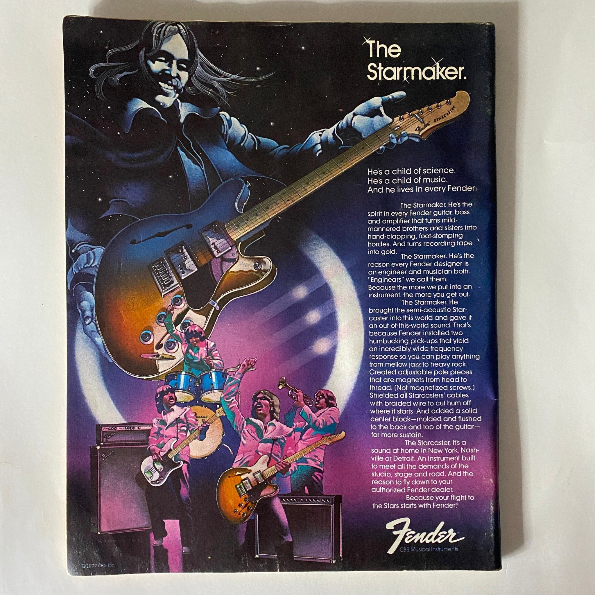 Back cover of Guitar Player Magazine February 1978 featuring an advertisement for Fender guitars with colorful illustrations of musicians and instruments.