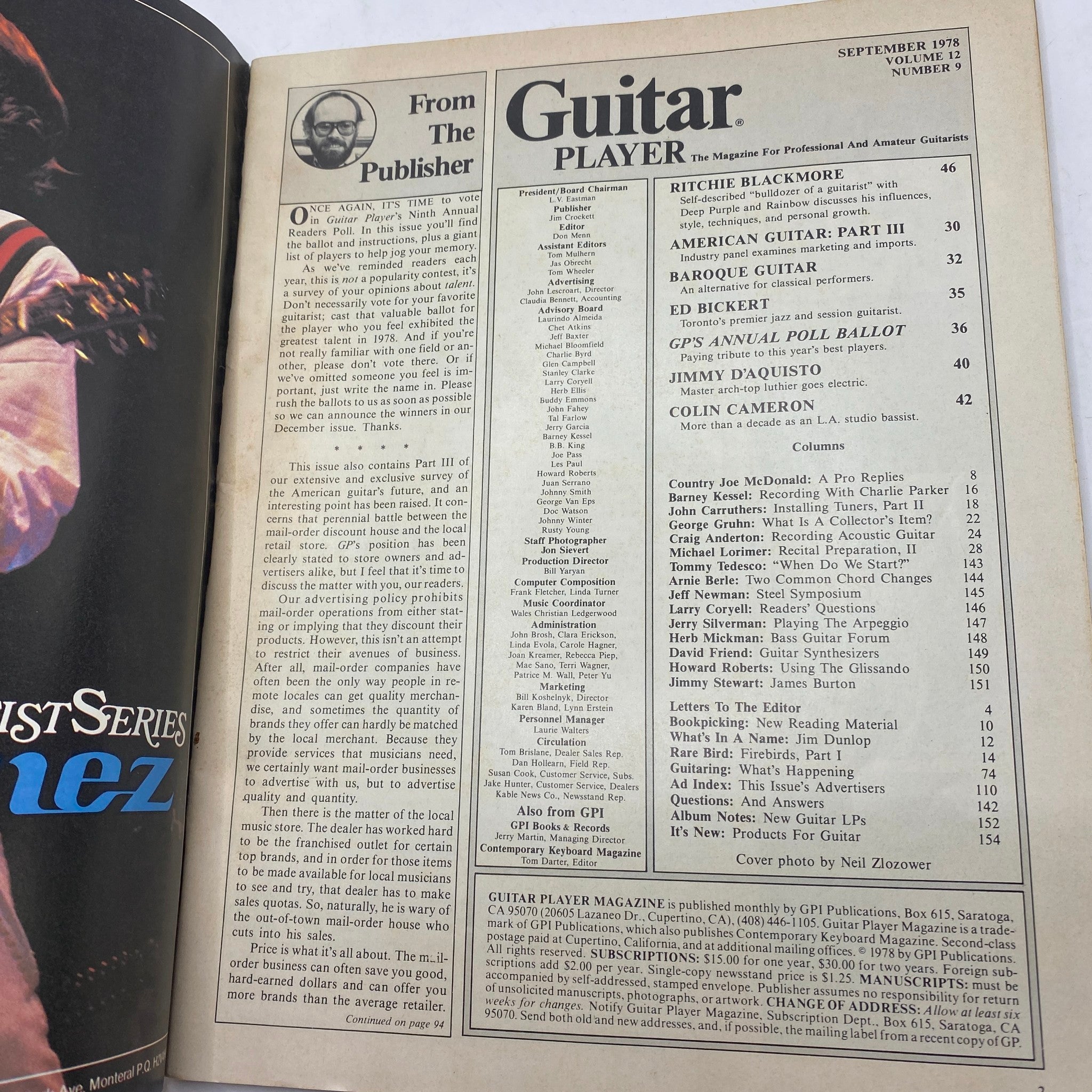 Inside page of VTG Guitar Player Magazine September 1978 featuring Ritchie Blackmore, showcasing articles and editorial content related to guitar players.