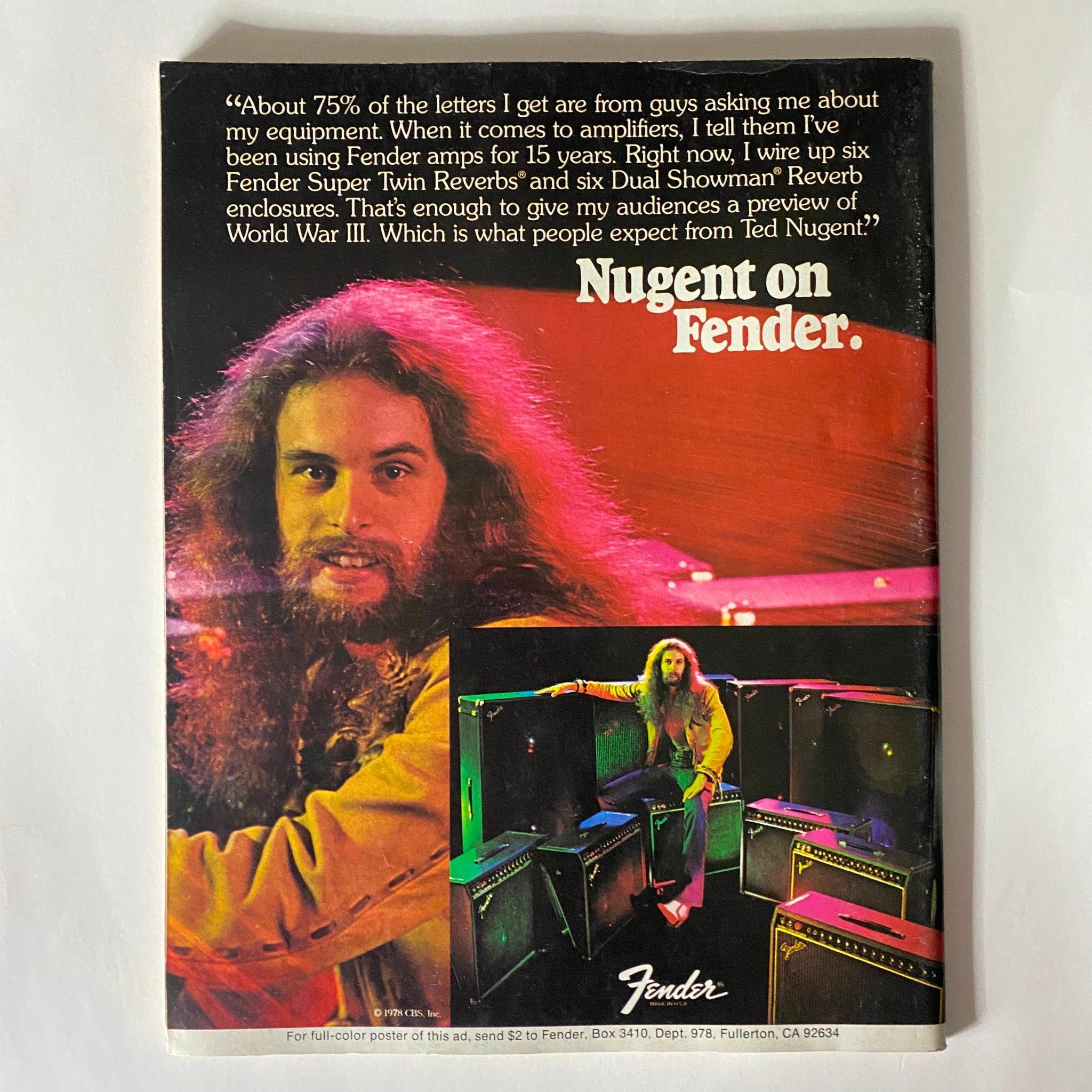 Back cover of VTG Guitar Player Magazine September 1978, featuring an ad with Ted Nugent discussing Fender amplifiers.