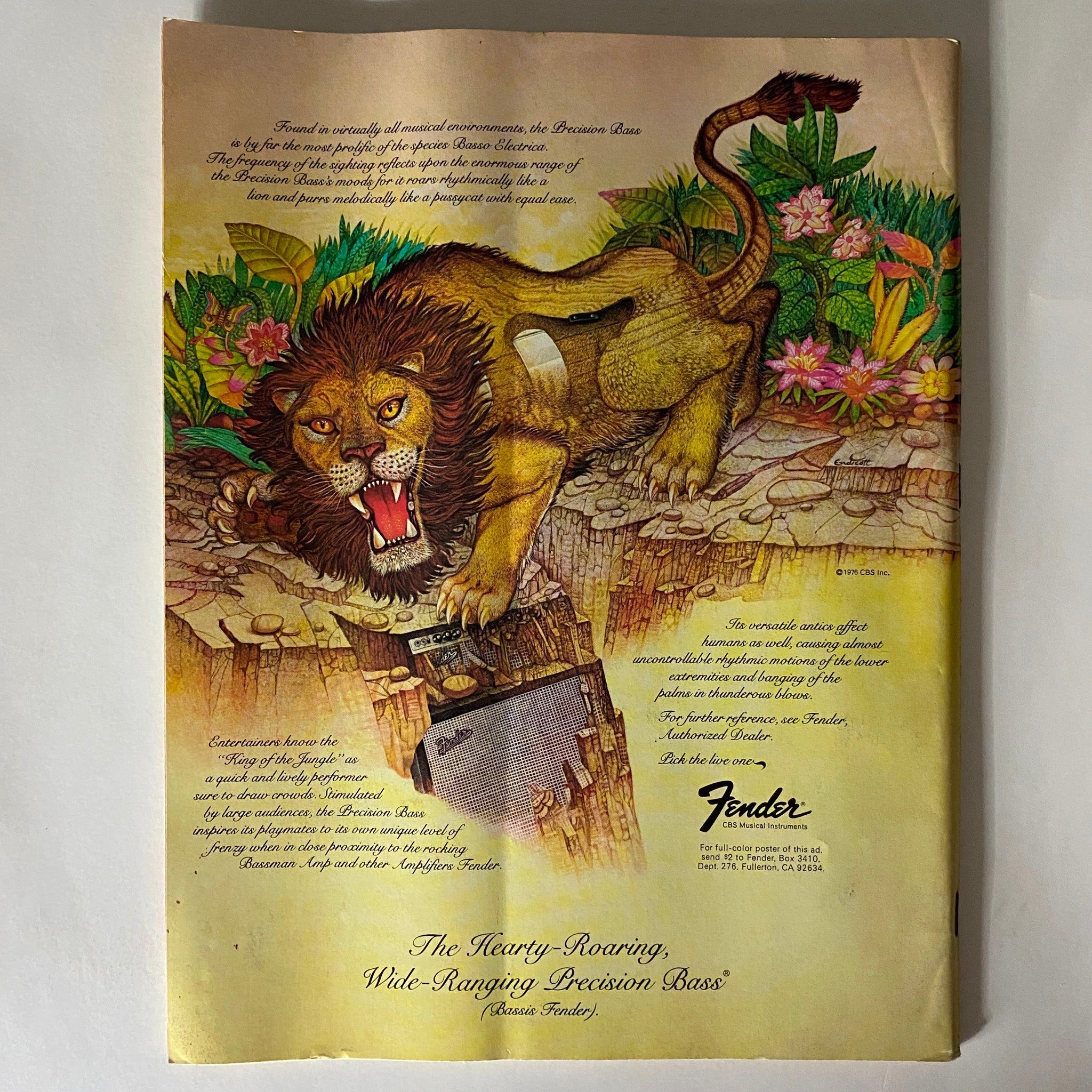 VTG Guitar Player Magazine June 1977 presenting a vibrant Fender Precision Bass advertisement featuring a lion illustration, emphasizing its wide-ranging sound capabilities.