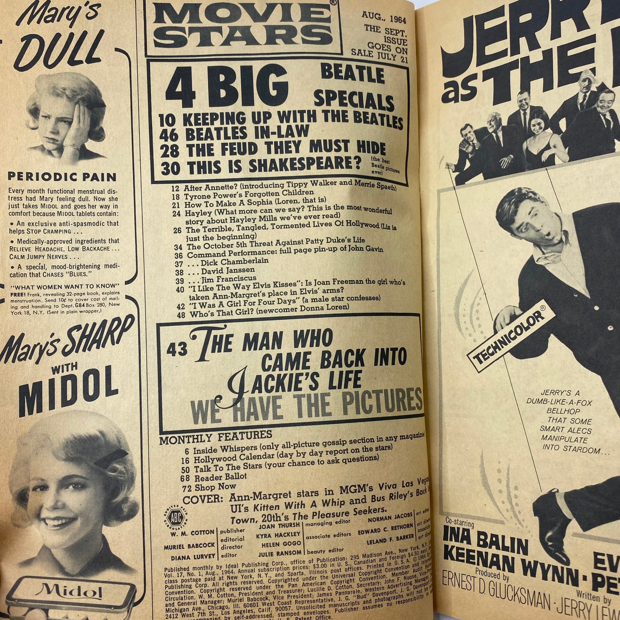 VTG Movie Stars Magazine August 1964 featuring articles on The Beatles and Ann Margret, showcasing vibrant pop culture from the 1960s with attractive layout and design.