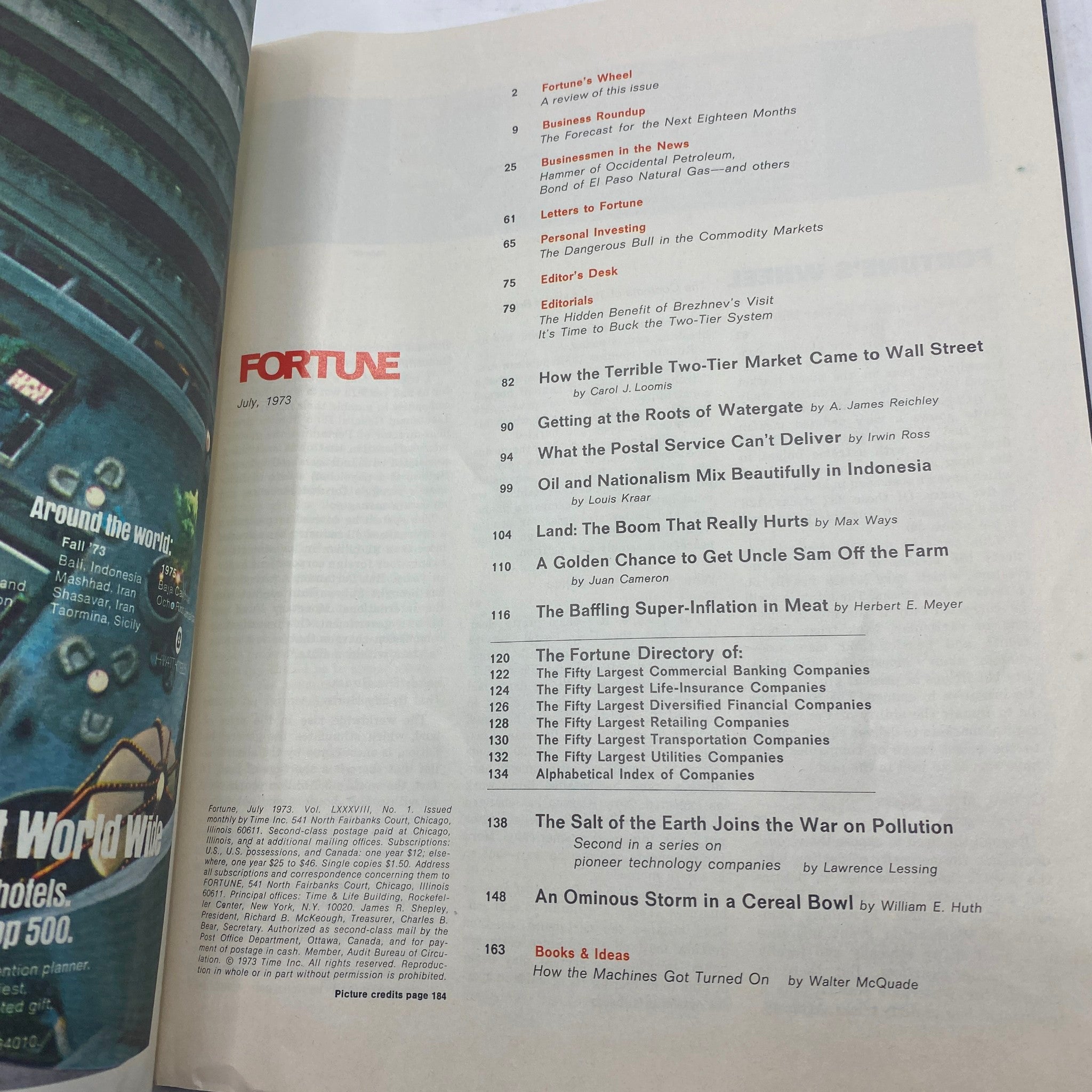 Table of contents of VTG Fortune Magazine July 1973 titled 'Wall Street's Two-Tier Miseries', highlighting various articles including 'How the Terrible Two-Tier Market Came to Wall Street'.
