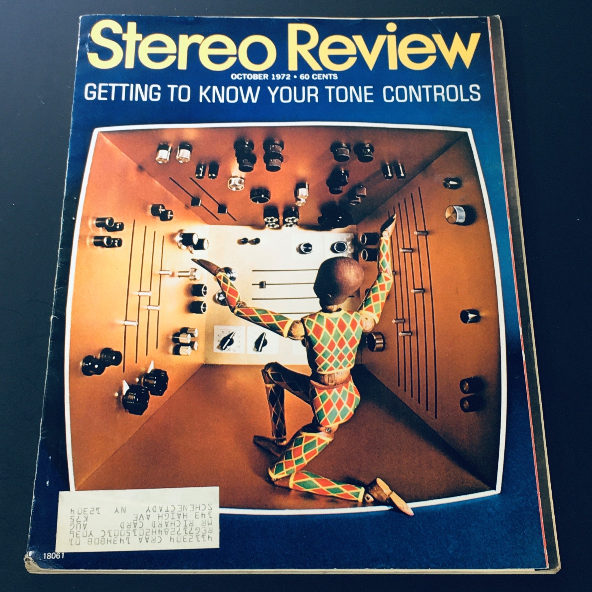 VTG Stereo Review Magazine October 1972 cover featuring a colorful illustration of a mannequin interacting with tone controls, emphasizing audio technology and sound manipulation.