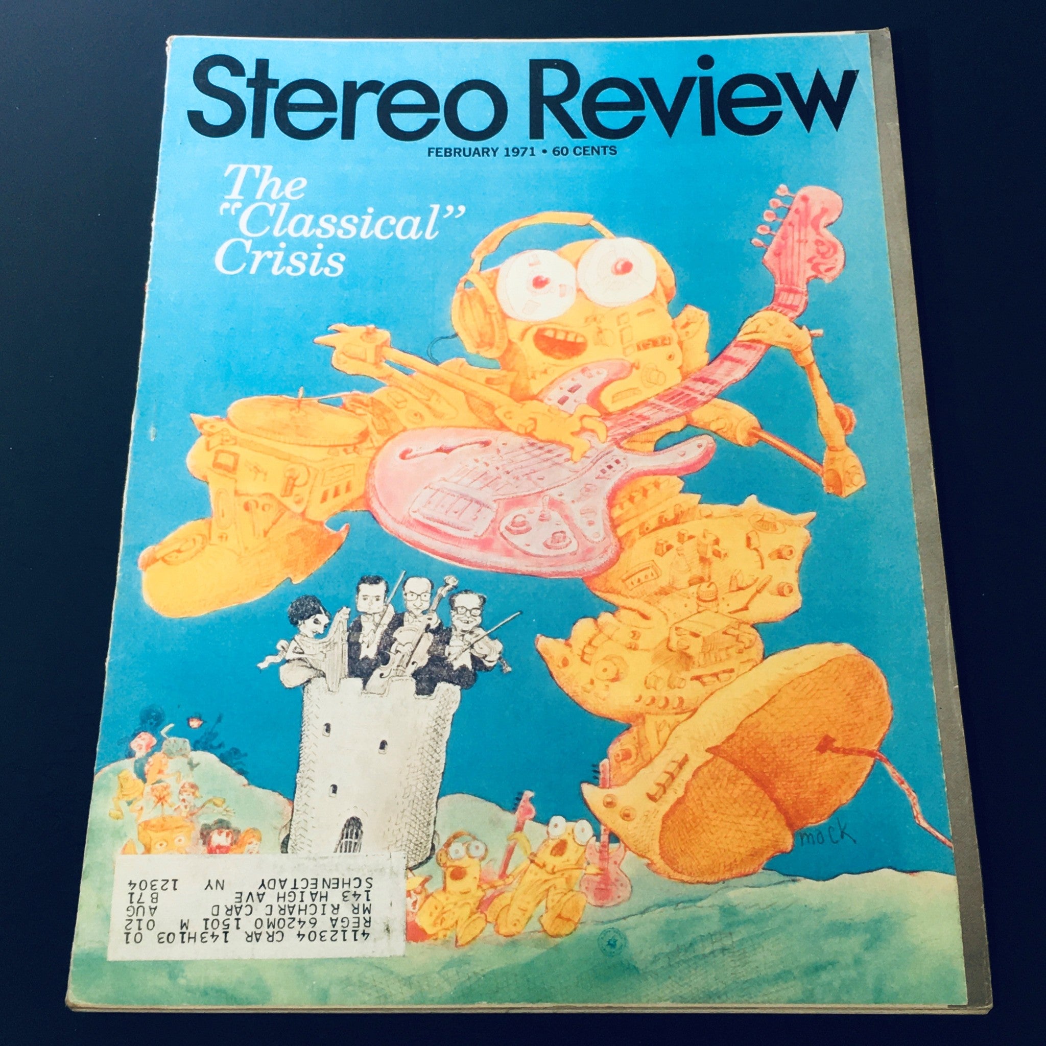 Cover of the VTG Stereo Review Magazine from February 1971 titled 'The Classical Crisis', featuring colorful illustrations of a cartoon robot playing guitar with musicians in a castle, capturing a playful take on classical music's theme.