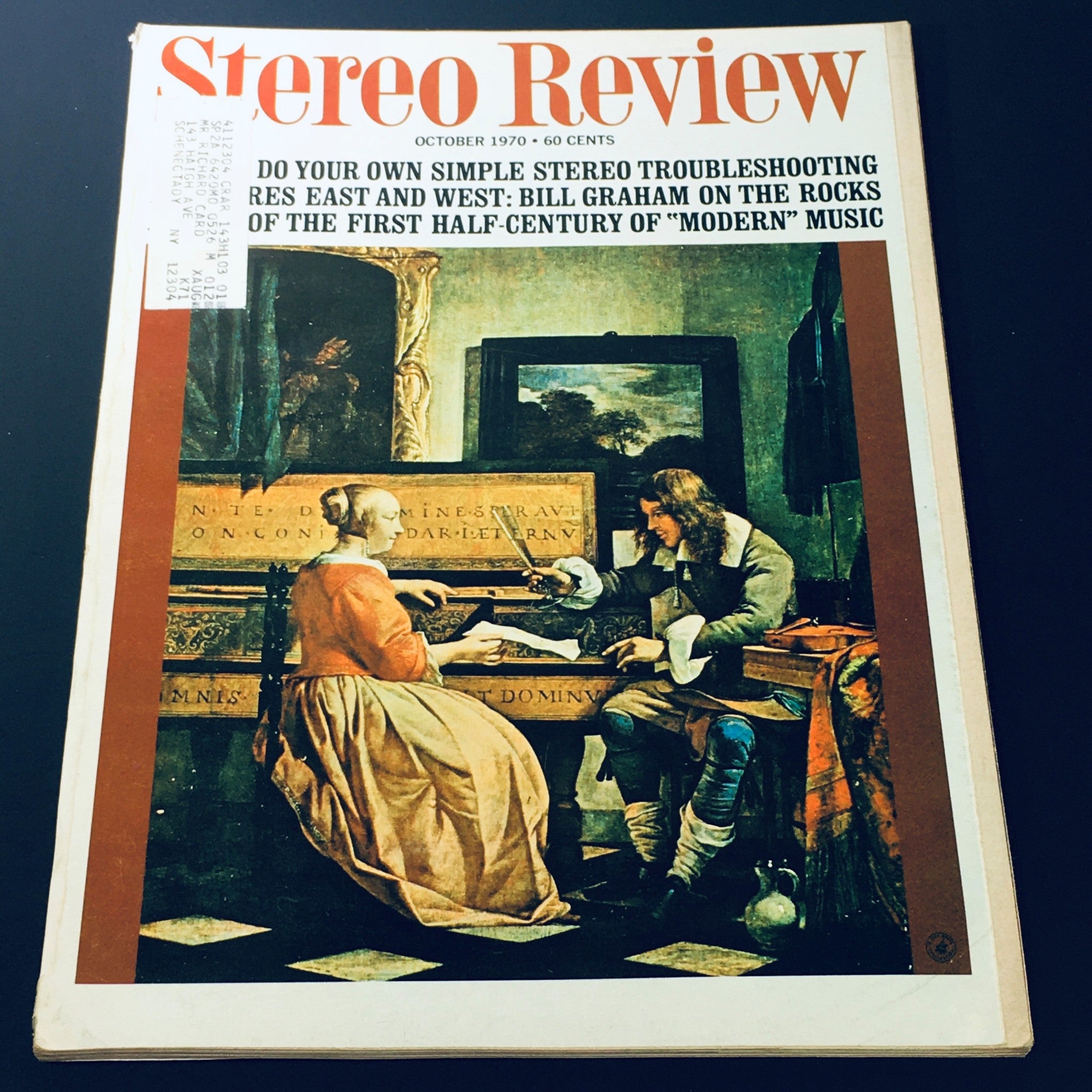 Cover of the VTG Stereo Review Magazine from October 1970 featuring an artwork depicting two figures engaged in music, with the headline 'Bill Graham on the Rocks' highlighting the influential music promoter.