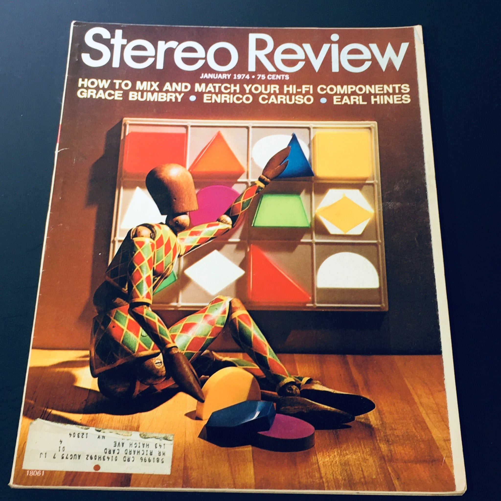 Cover of VTG Stereo Review Magazine January 1974 featuring a colorful artistic arrangement of shapes, with the text highlighting Grace Bumbry, Enrico Caruso, and Earl H. The magazine showcases retro design elements and is a collectible piece for music enthusiasts.