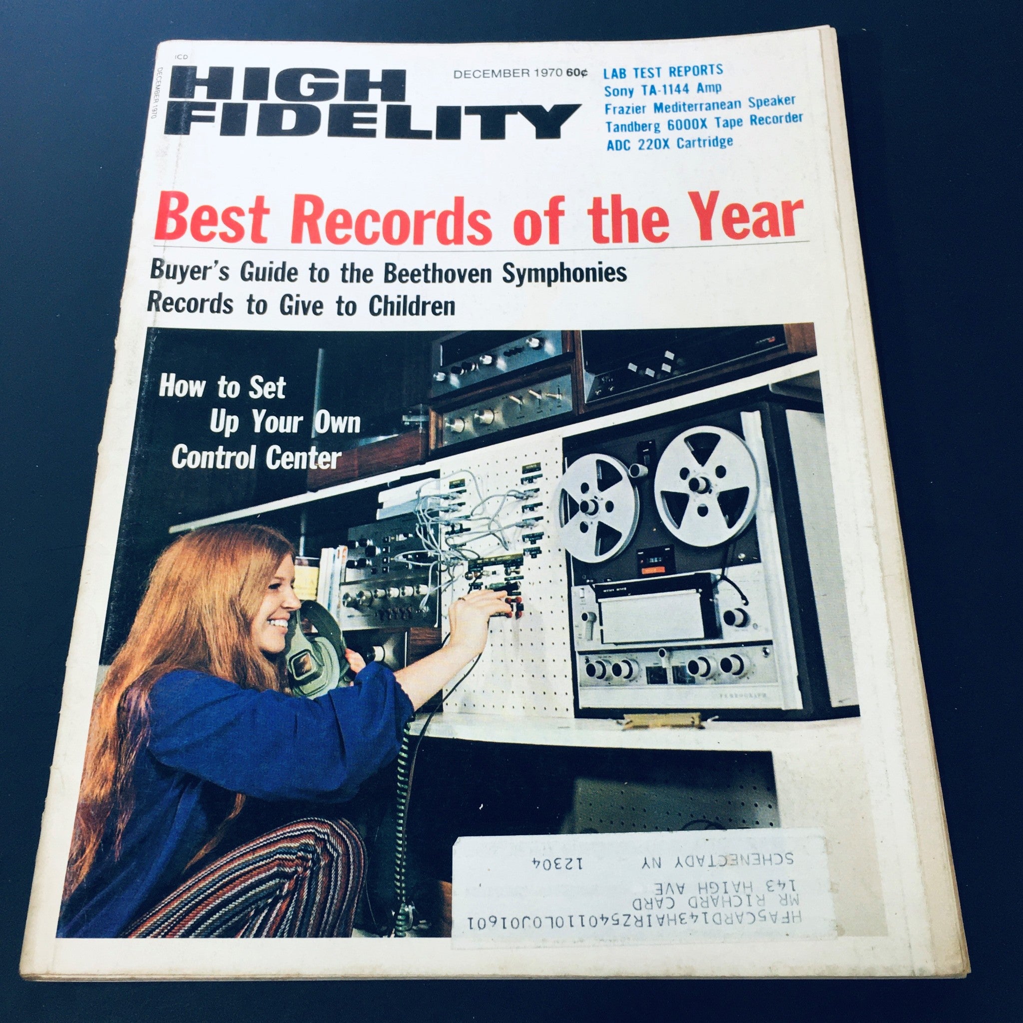 Cover of High Fidelity Magazine December 1970 featuring the article 'Buyer's Guide to the Beethoven Symphonies' and an illustration of a woman setting up audio equipment.