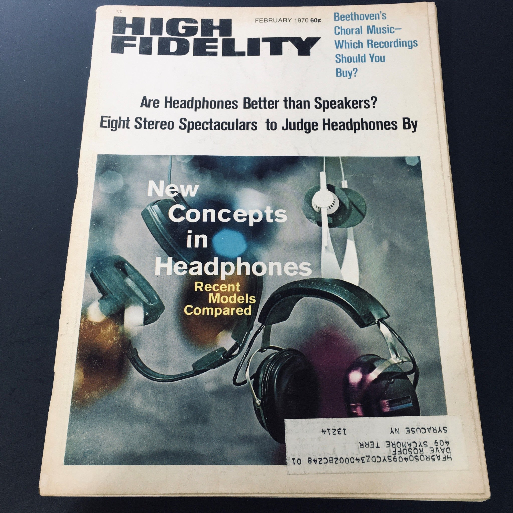 Cover of VTG High Fidelity Magazine February 1970 featuring articles on Beethoven's Choral Music and headphone comparisons, showcasing headphones and audio technology.