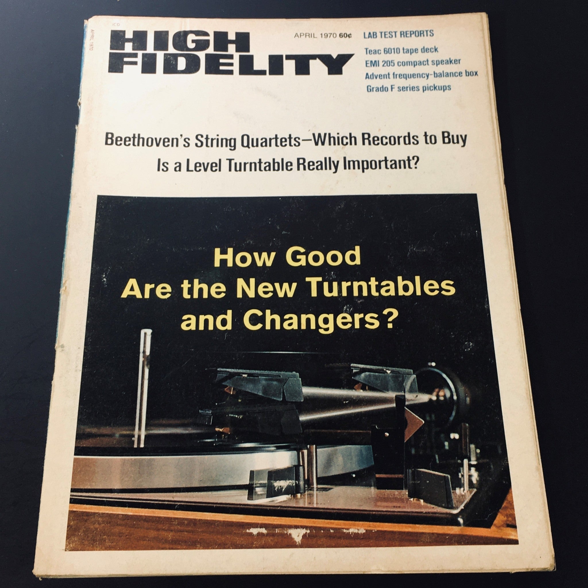 Cover of VTG High Fidelity Magazine April 1970 featuring an article on new turntables and changers, highlighting classic audio technology and music culture.