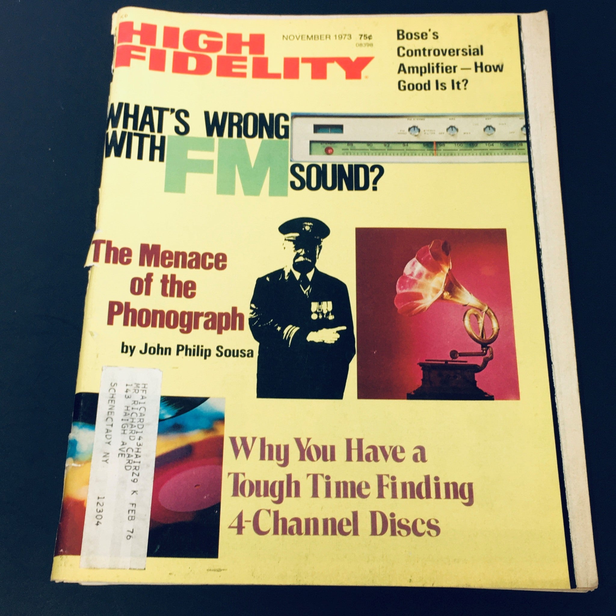 Cover of VTG High Fidelity Magazine November 1973 featuring the article 'The Menace of the Phonograph' with colorful graphics and text discussing FM sound and audio technology.
