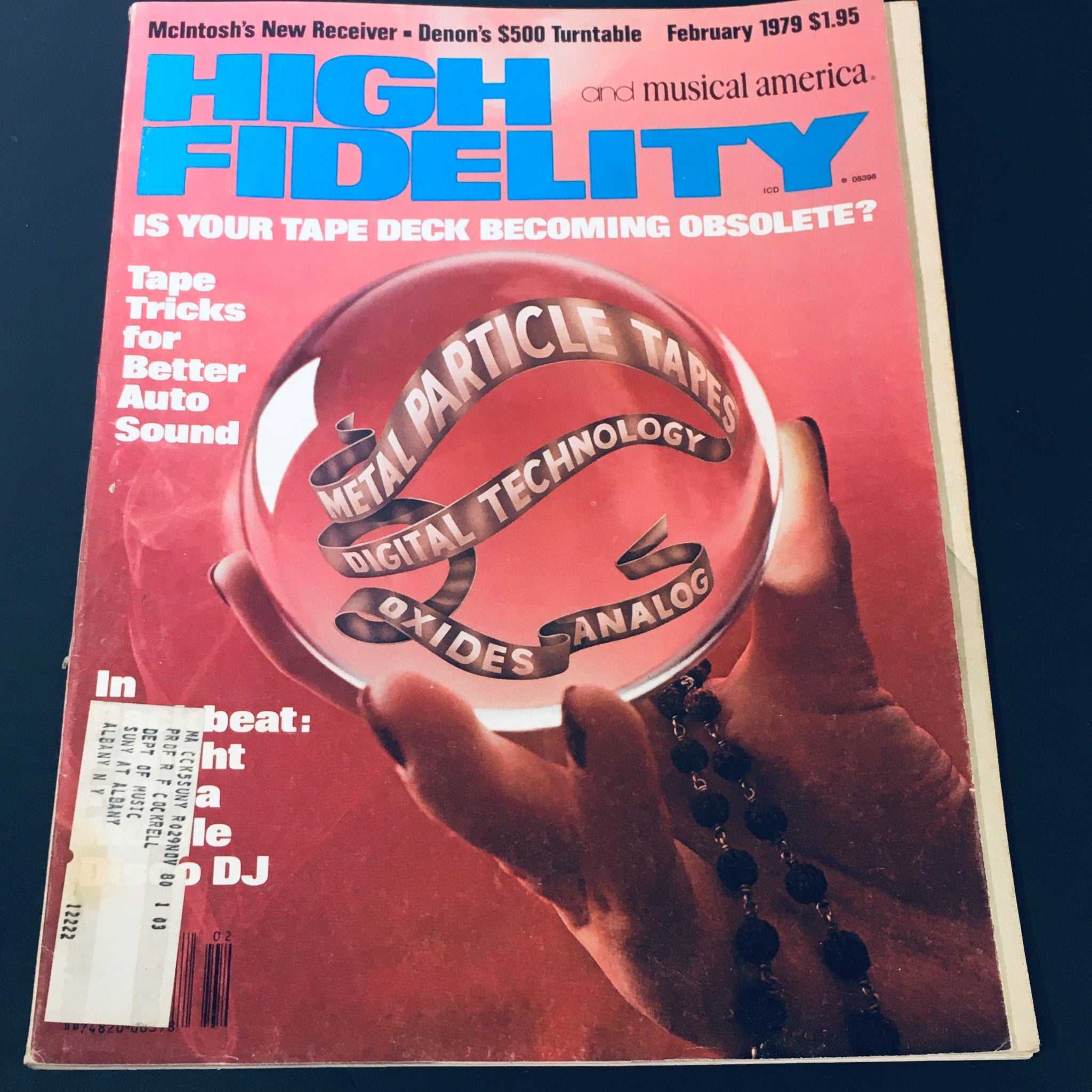 Cover of VTG High Fidelity Magazine February 1979 featuring an image of a crystal ball with the text 'Metal Particle Tapes', 'Digital Technology', and 'Analog' on a vibrant red background. The cover story highlights 'Tape Tricks for Better Auto Sound'.