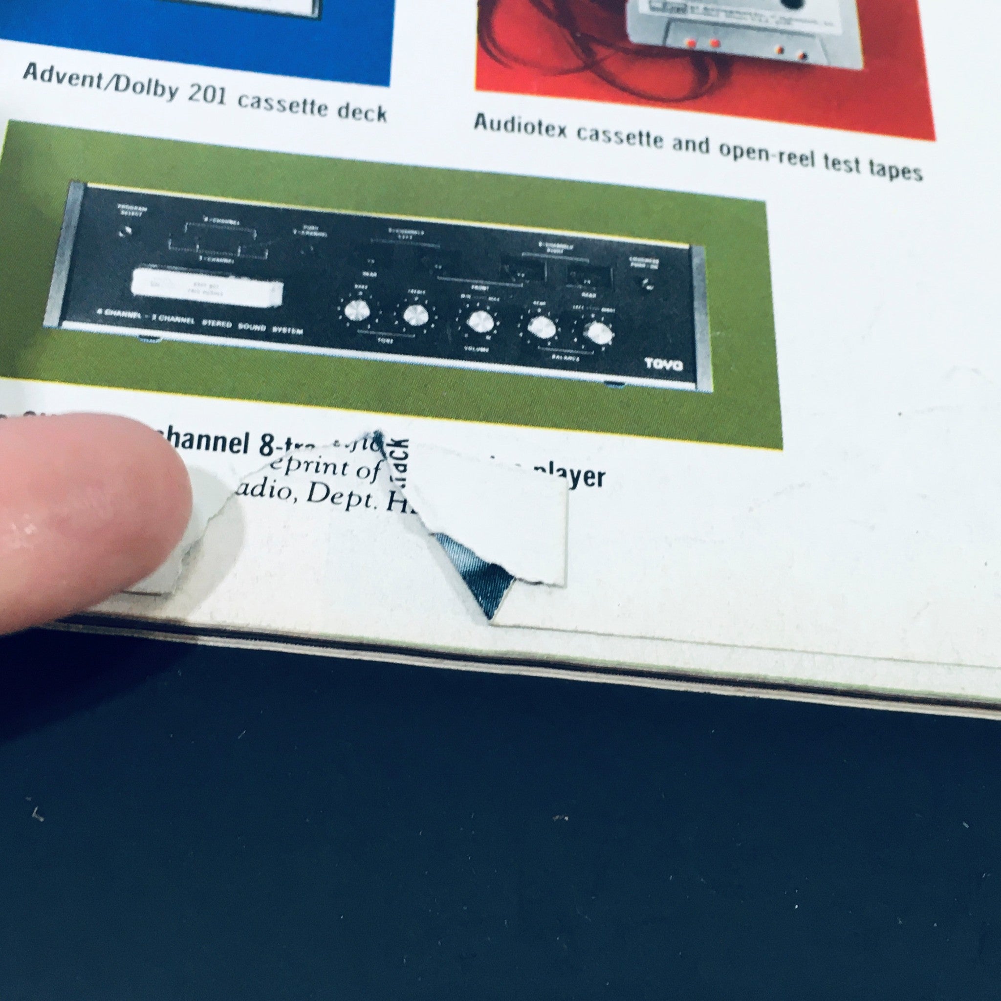 Close-up of the VTG High Fidelity Magazine January 1972 showing the Advent/Dolby 201 cassette deck and specific details on the page, featuring Niccolò Paganini's New Concerto.