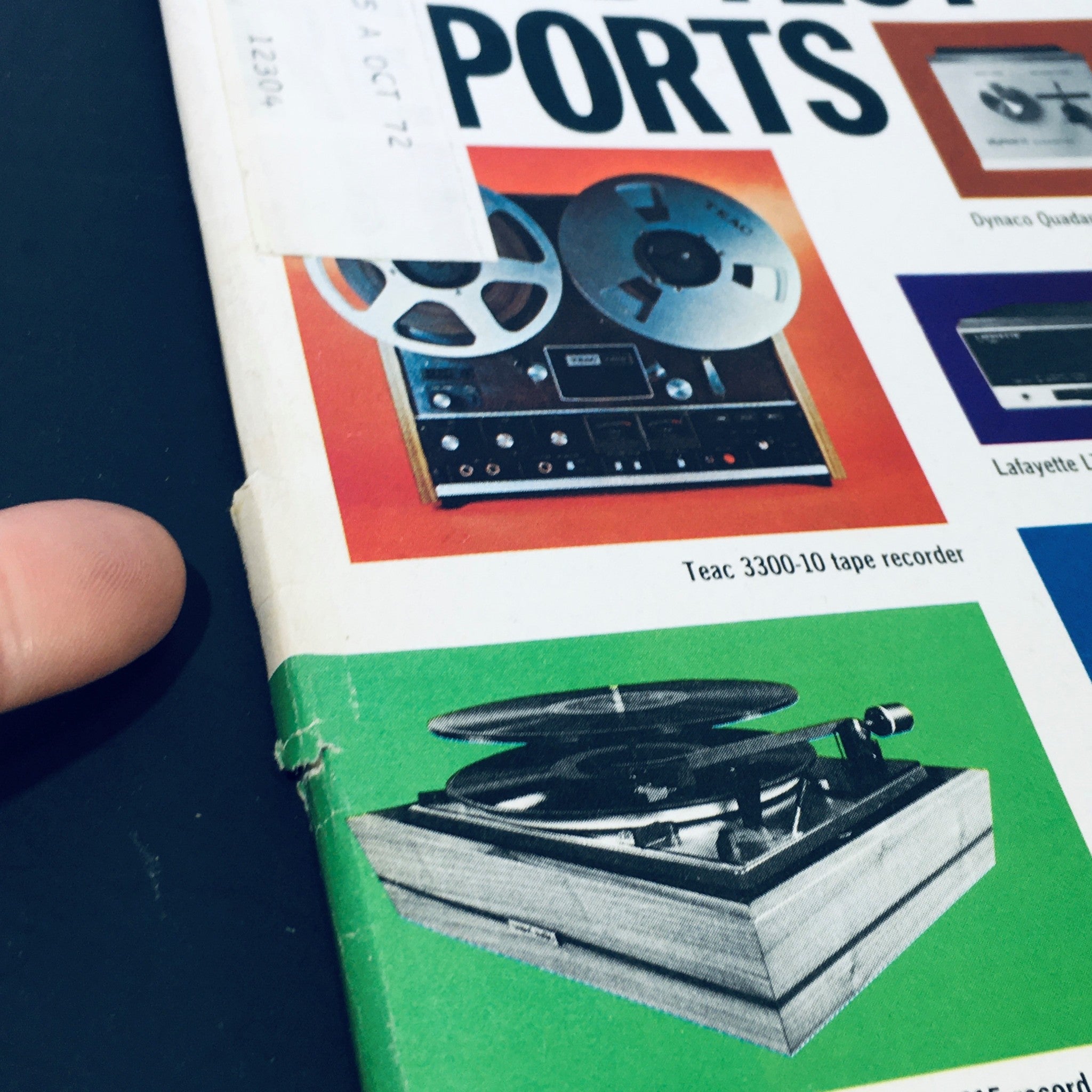 Detail view of the VTG High Fidelity Magazine January 1972, highlighting the Teac 3300-10 tape recorder, part of the cover design related to Niccolò Paganini's New Concerto.