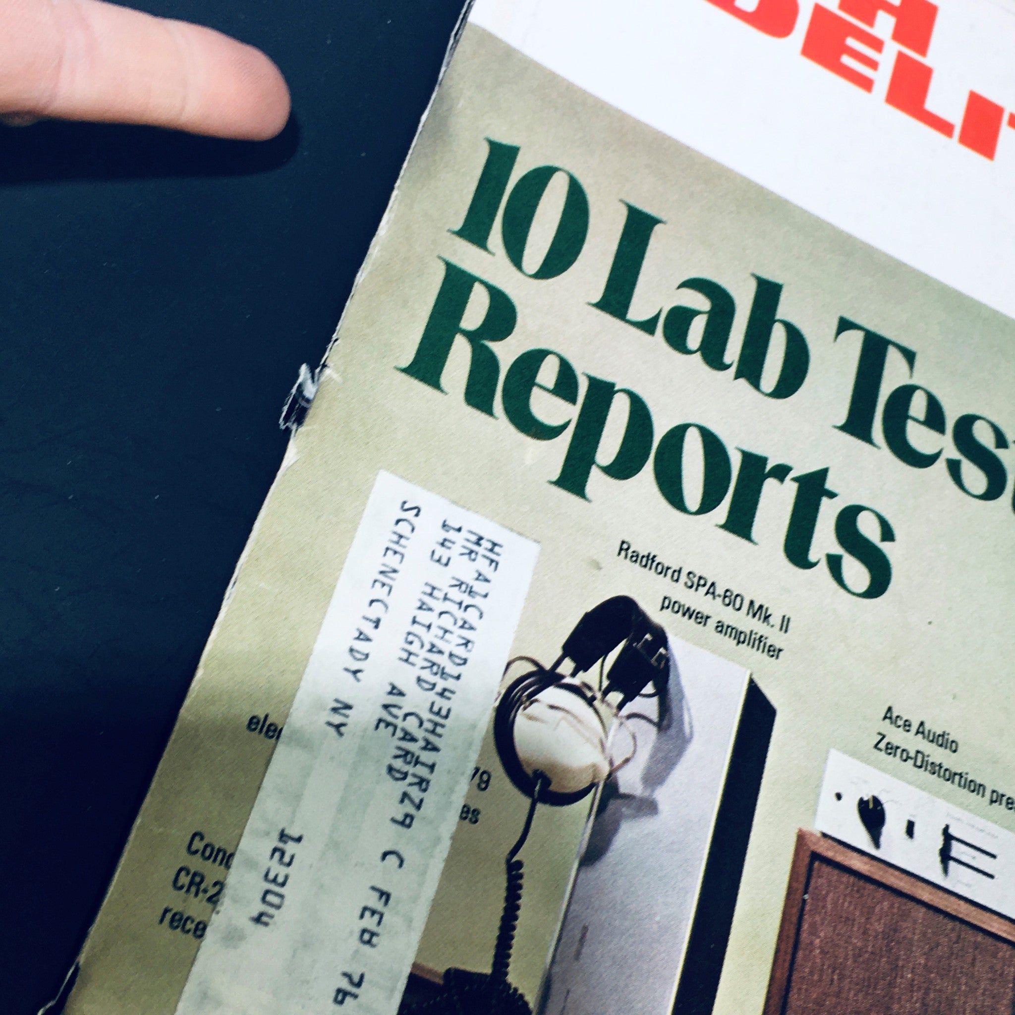 Close-up view of VTG High Fidelity Magazine March 1974 cover, highlighting 10 Lab Test Reports, including a Radford SPA-60 Mk. II power amplifier.