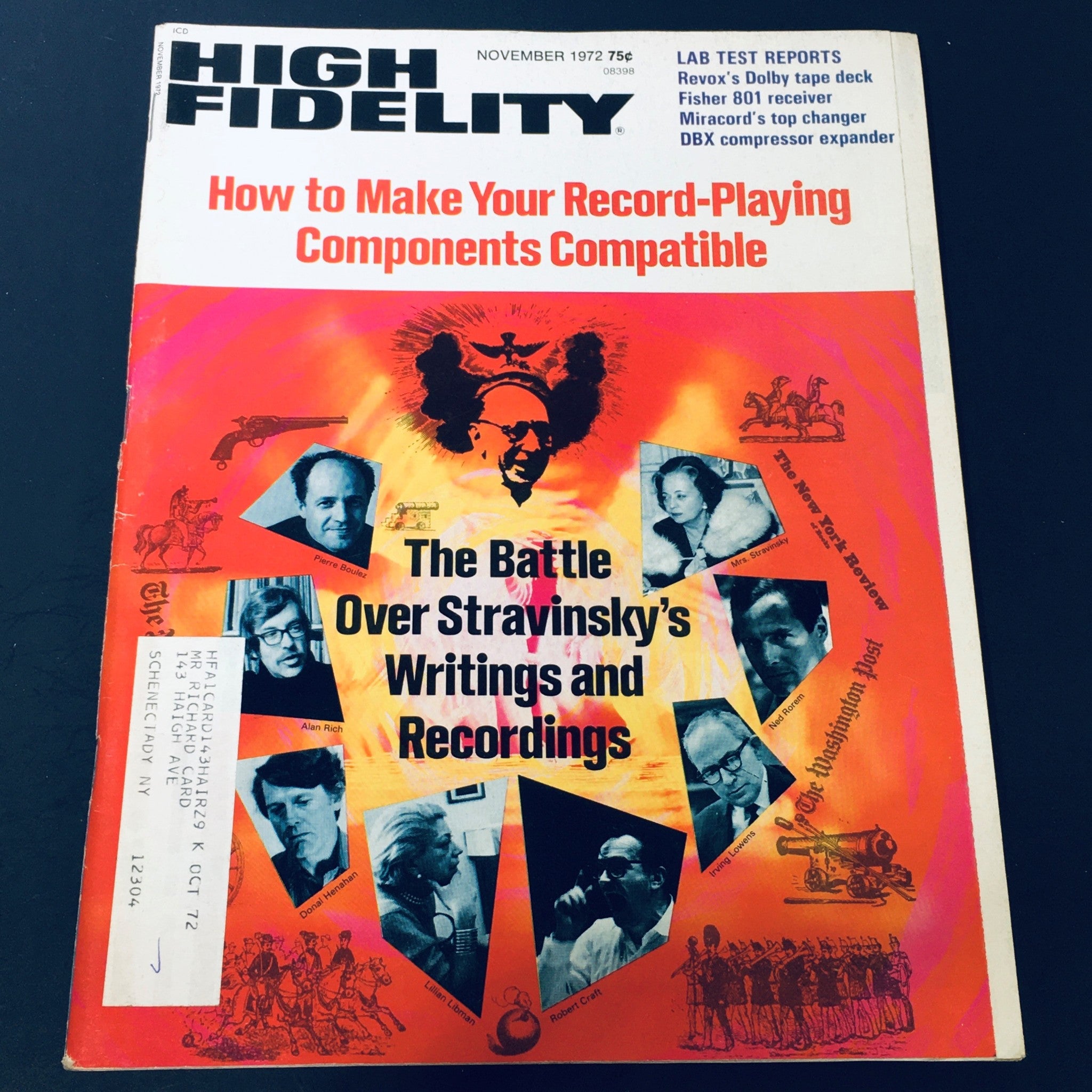 Cover of VTG High Fidelity Magazine November 1972 featuring an article titled 'The Battle Over Stravinsky's Writings and Recordings' along with colorful visuals related to classical music and featured composers.