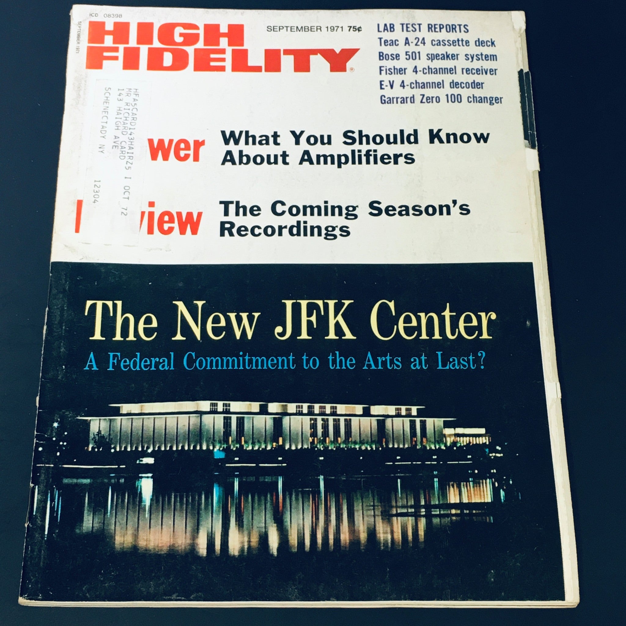 Vintage High Fidelity Magazine - September 1971 cover featuring 'The New JFK Center, A Federal Commitment to the Arts at Last?' and articles on music and audio equipment.