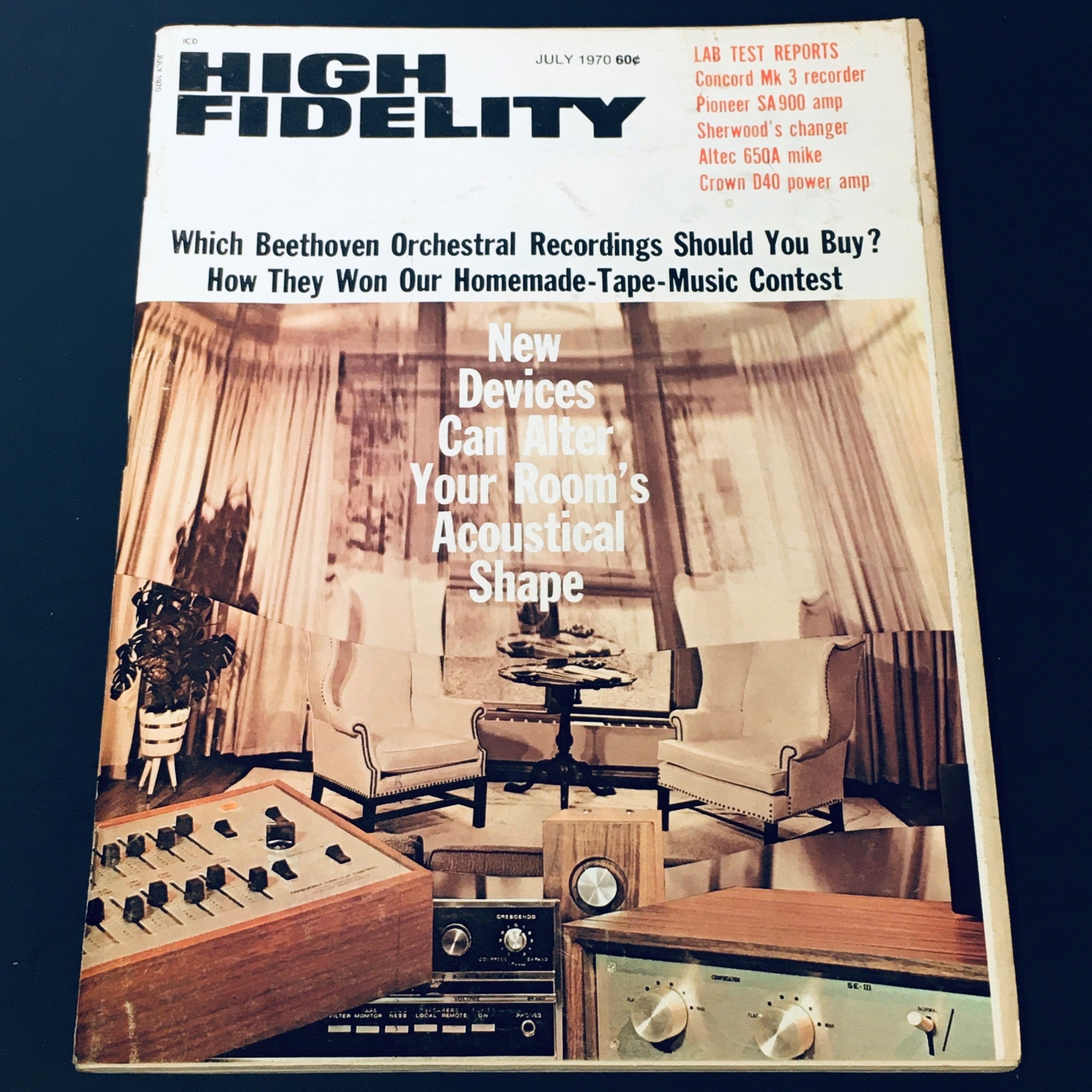 Cover of VTG High Fidelity Magazine from July 1970 featuring a focus on Beethoven Orchestral Recordings, showcasing audio equipment and a stylish interior setting.