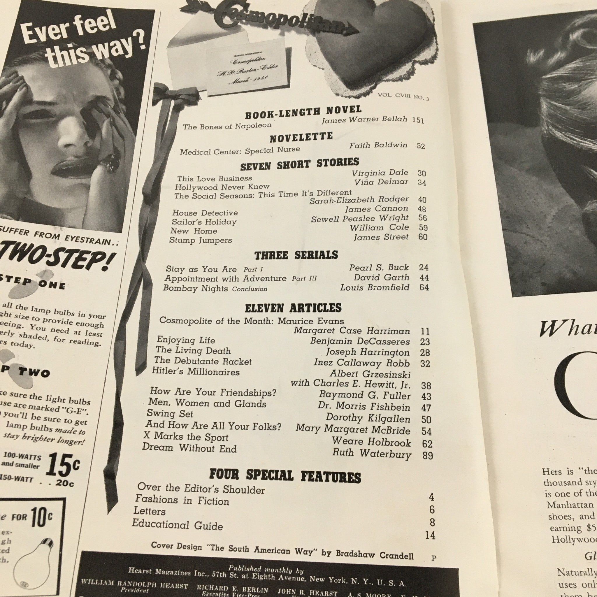 Interior page layout of the VTG Cosmopolitan Magazine March 1940 titled 'The South American Way', featuring a table of contents with sections on short stories, articles, and special features, showcasing the vintage design and typography of the era.