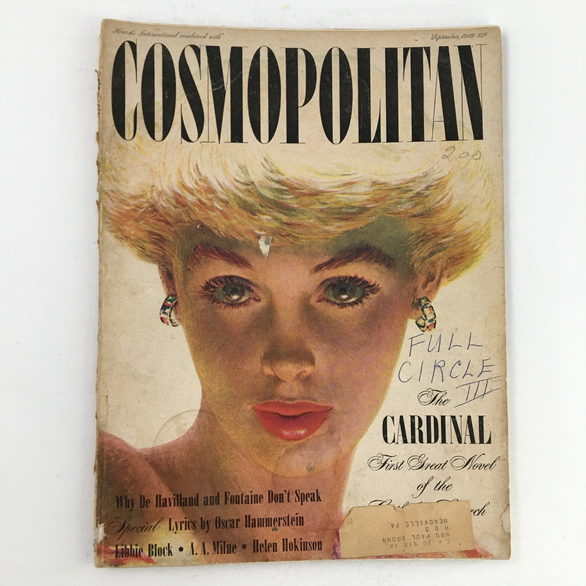 Cover of VTG Cosmopolitan Magazine September 1949 featuring a woman's face illustration alongside prominent text. The issue includes contributions from Libbie Block, AA Milne, and Helen Hokinson.