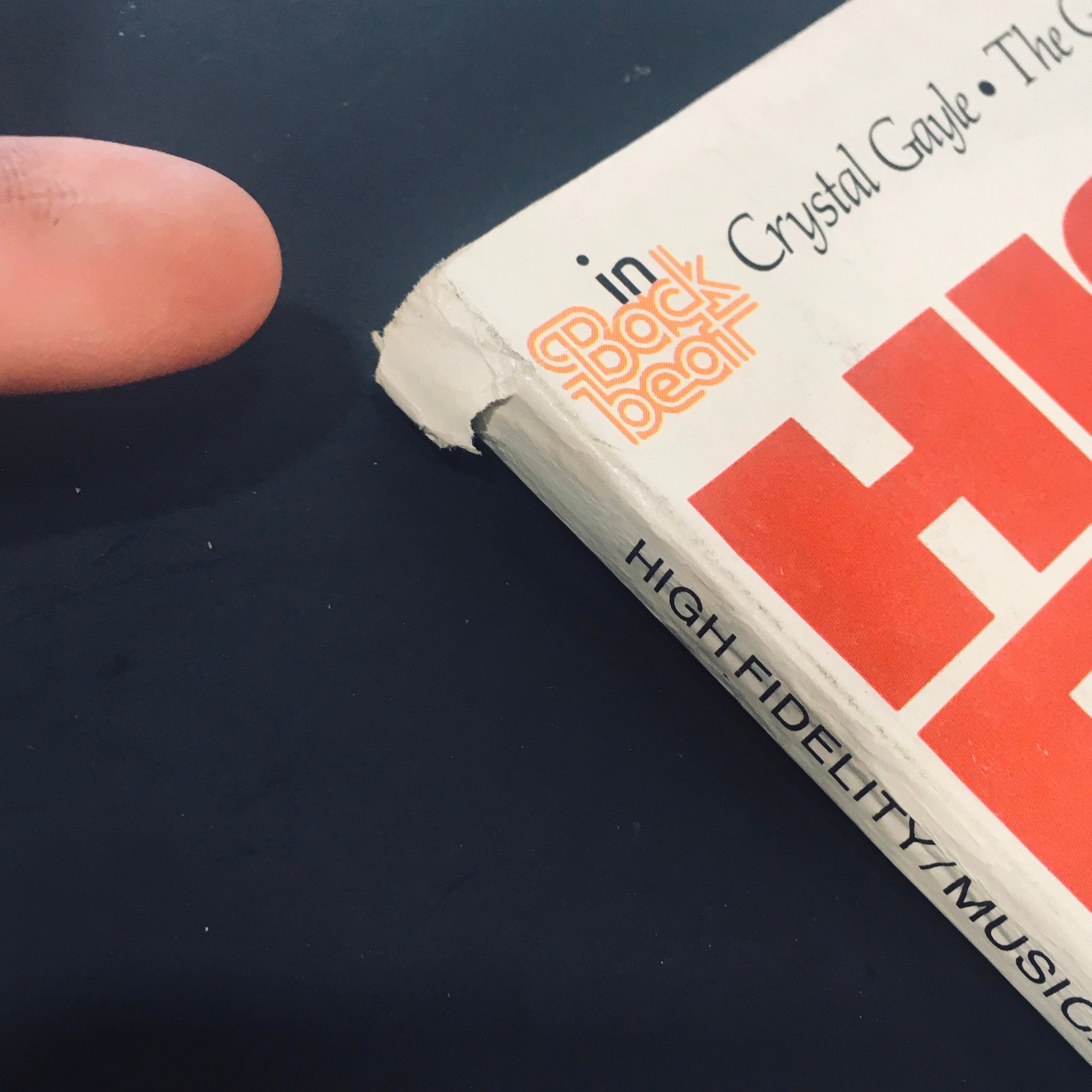 Close-up of the corner of VTG High Fidelity Magazine November 1978 showing minor wear and the title 'High Fidelity'.