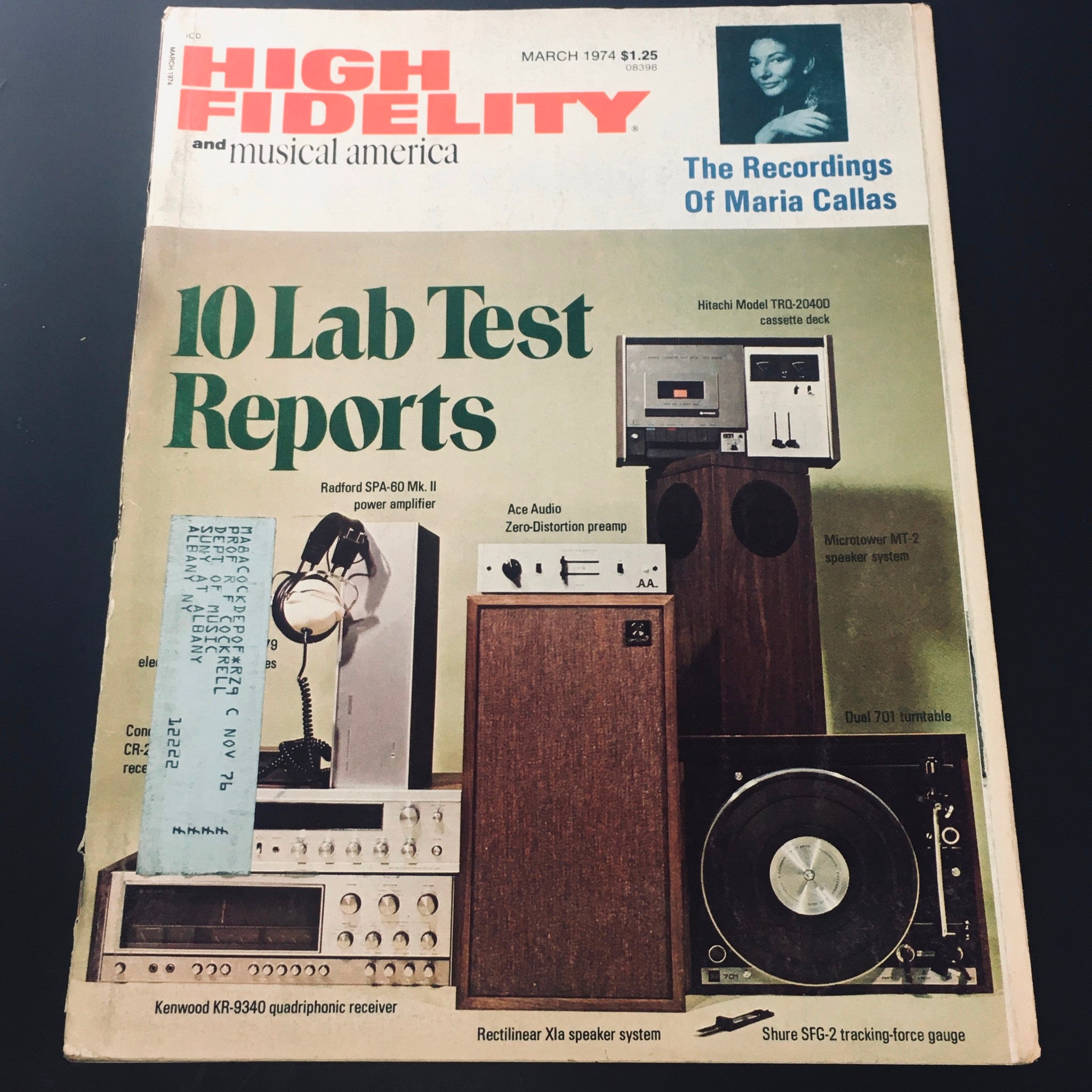 Cover of VTG High Fidelity Magazine March 1974 featuring recordings of Maria Callas and technical reports on audio equipment, showcasing vintage sound technology.