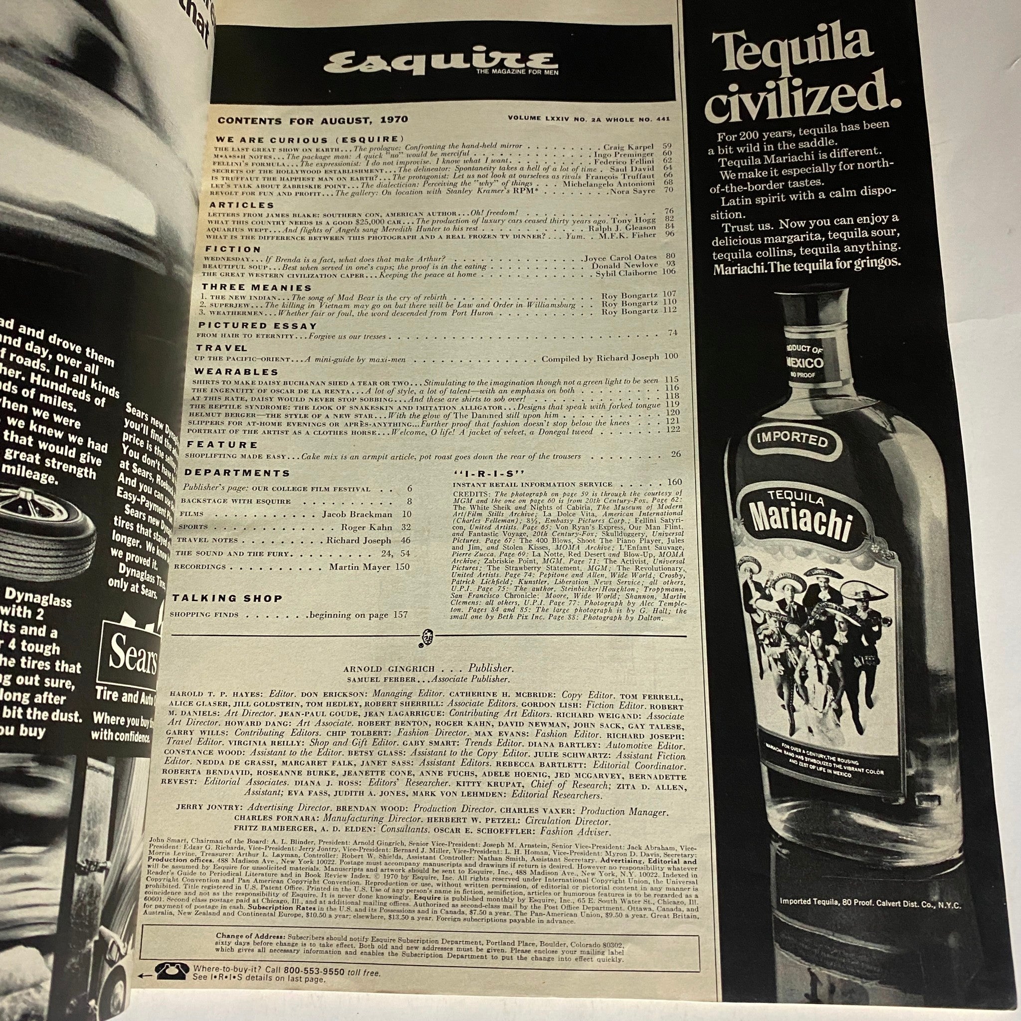 Table of contents page from VTG Esquire Magazine August 1970 No. 441, detailing featured articles and advertisements from the era.