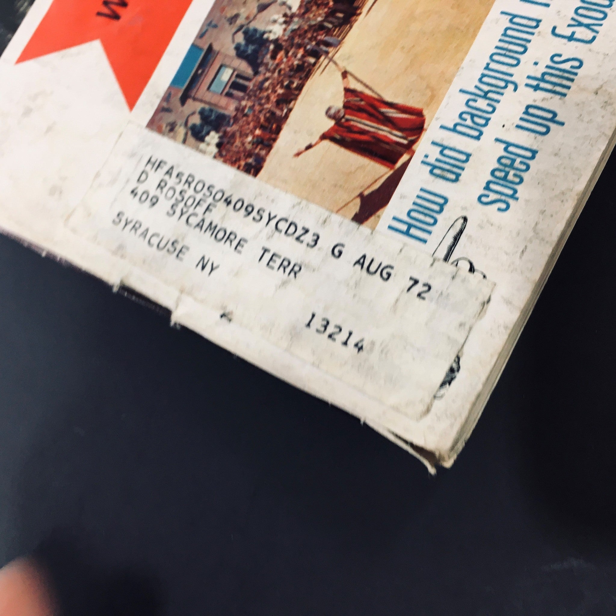 Close-up of the address label on the Vintage High Fidelity Magazine from July 1972, featuring details from its previous owner, showcasing the magazine's authenticity and history.