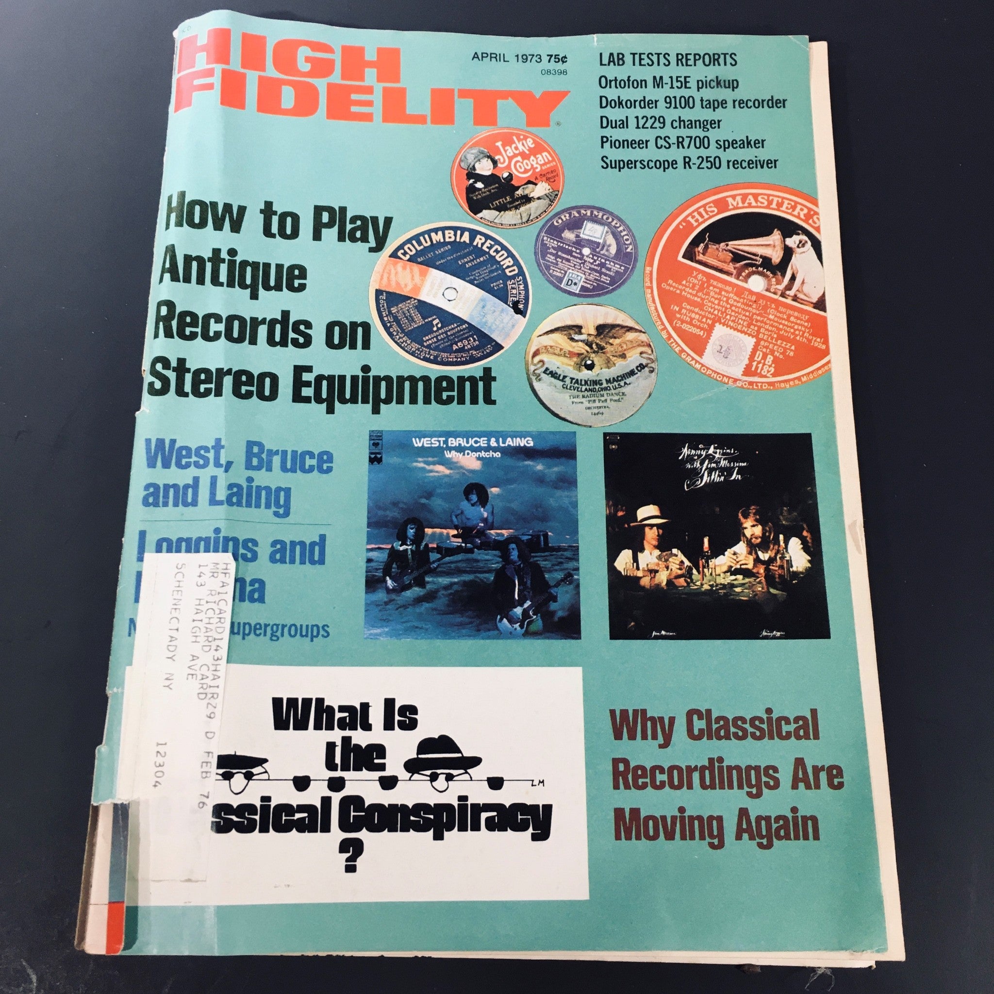 Cover of High Fidelity Magazine April 1973 featuring West, Bruce & Laing's album Why Dontcha, showcasing vintage design and music themes.