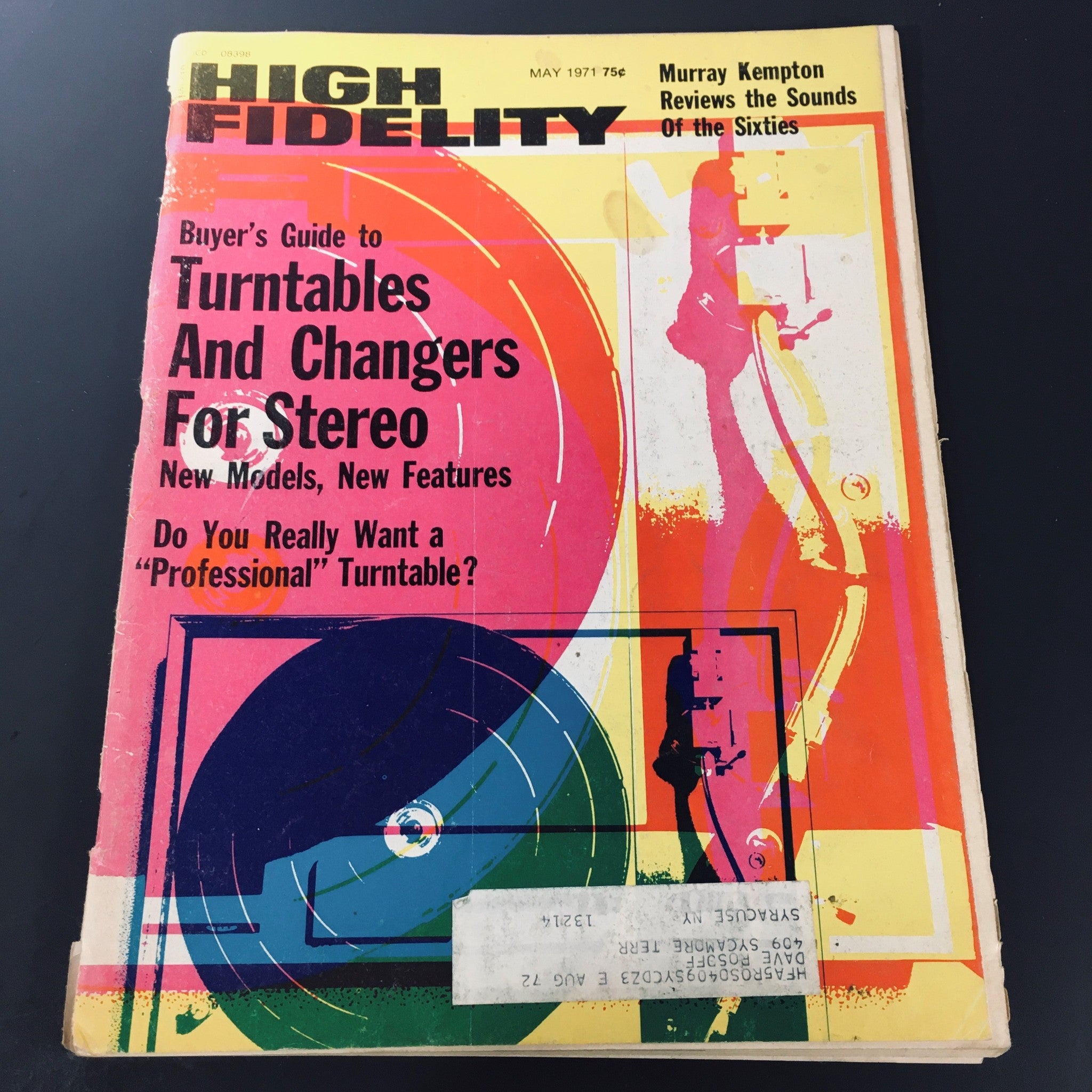 Cover of VTG High Fidelity Magazine May 1971 featuring a buyer's guide to turntables and changers for stereo. The vibrant design showcases audio technology trends with colorful graphics and text highlighting new models and features.