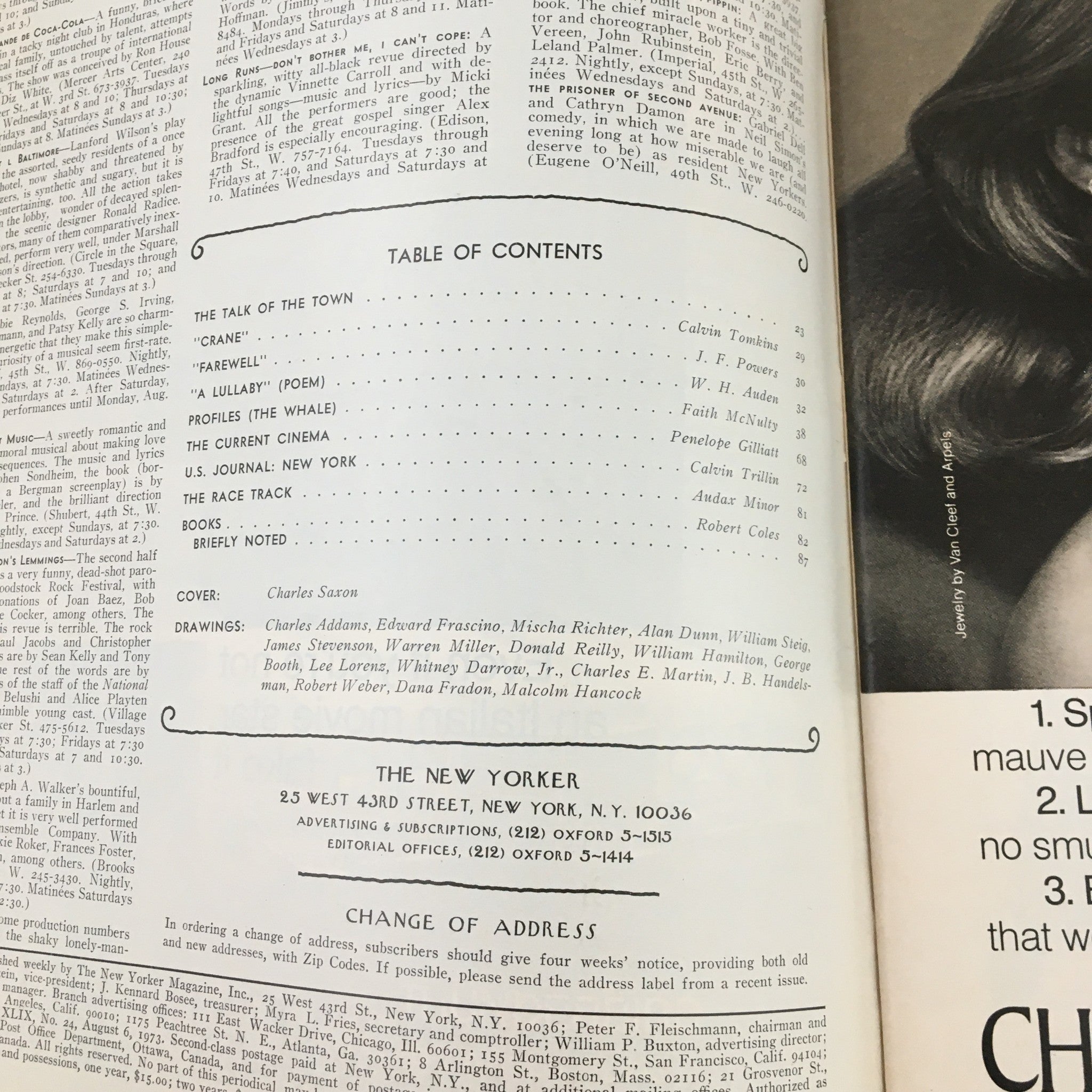 Inside view of The New Yorker August 6 1973 Full Magazine, featuring the Table of Contents and details about the contributors, including Charles Saxon as the cover artist.