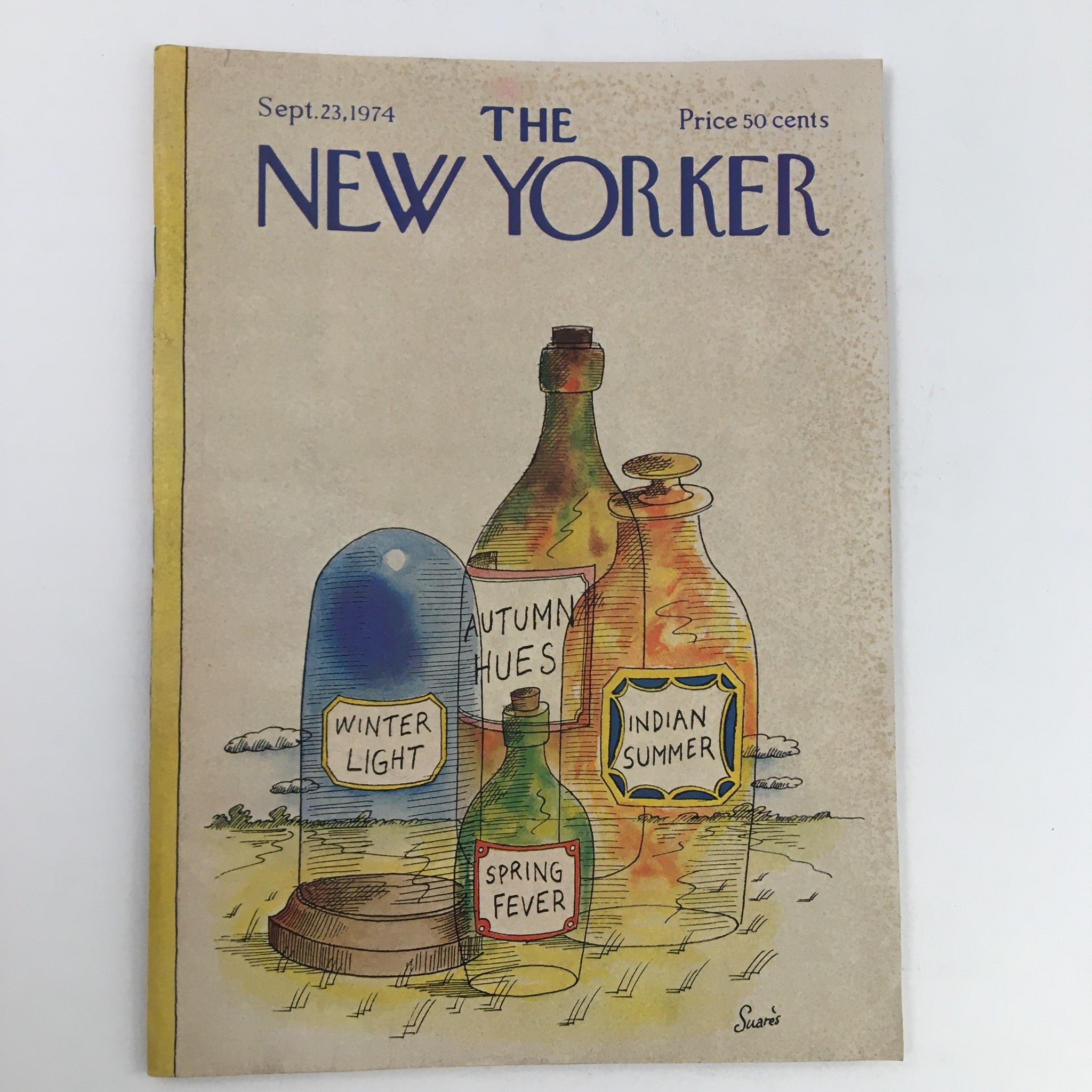 The New Yorker September 23 1974 Full Magazine Theme Cover featuring colorful glass bottles labeled with seasonal terms such as 'Winter Light' and 'Indian Summer' designed by Jean-Claude Suares.