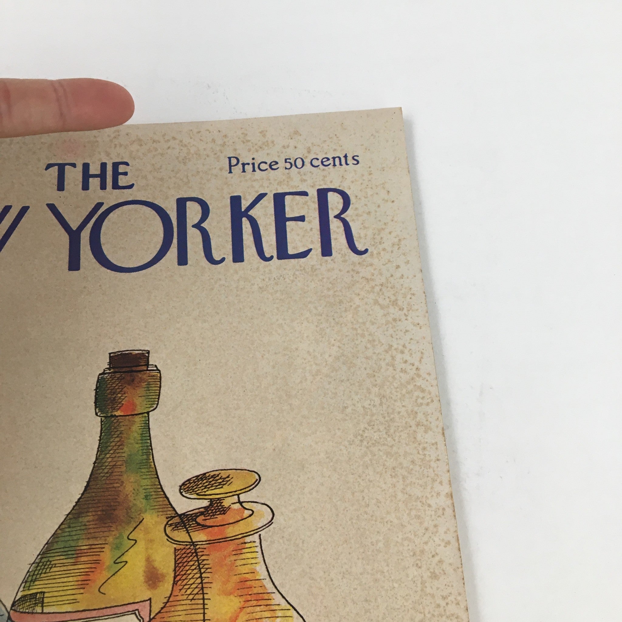 Close-up view of The New Yorker September 23 1974 magazine cover highlighting the title and part of the artwork, featuring bottles labeled with seasonal themes.