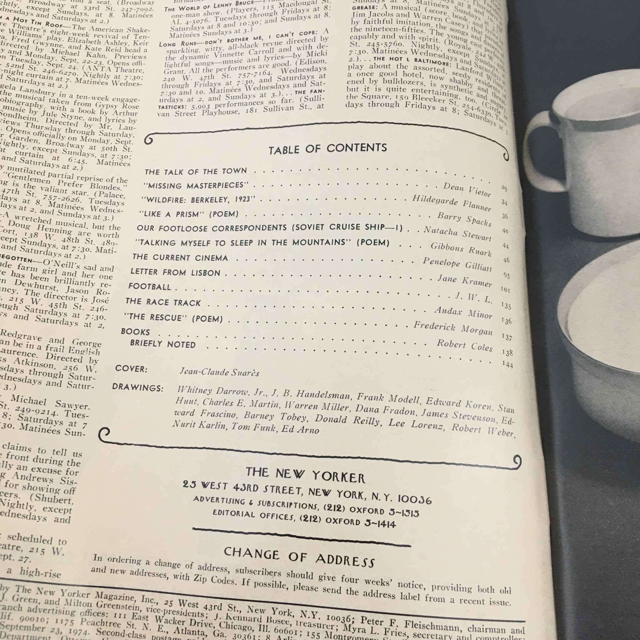 Inside page view of The New Yorker September 23 1974, showcasing the table of contents alongside the cover credit to Jean-Claude Suares.