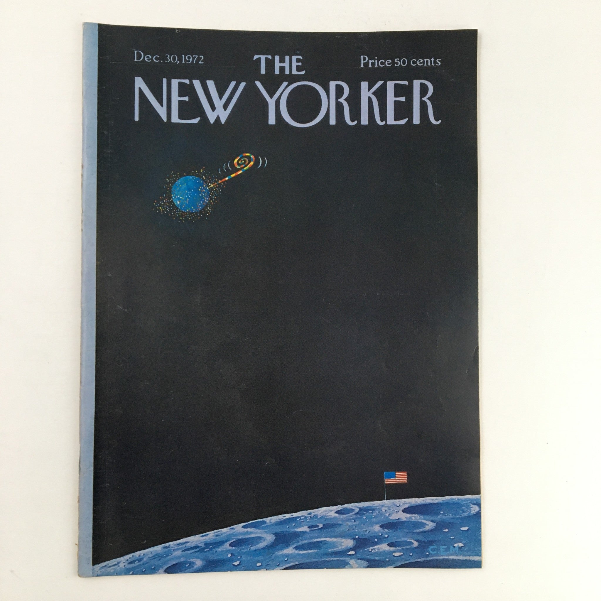 The New Yorker December 30 1972 Full Magazine Cover designed by Charles E. Martin featuring a cosmic theme with a blue planet and moon.