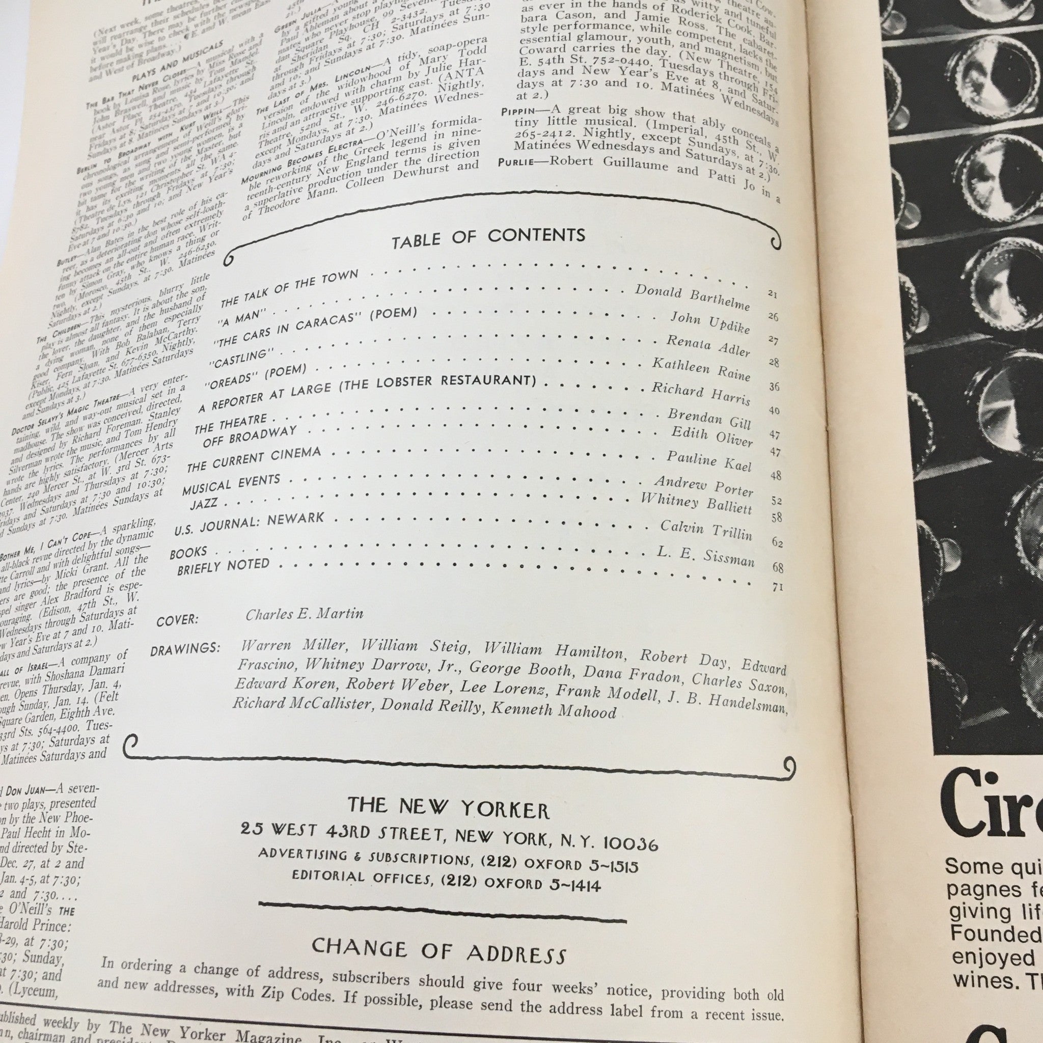 Table of Contents from The New Yorker December 30 1972 showcasing articles and illustrations, with cover design credit to Charles E. Martin.