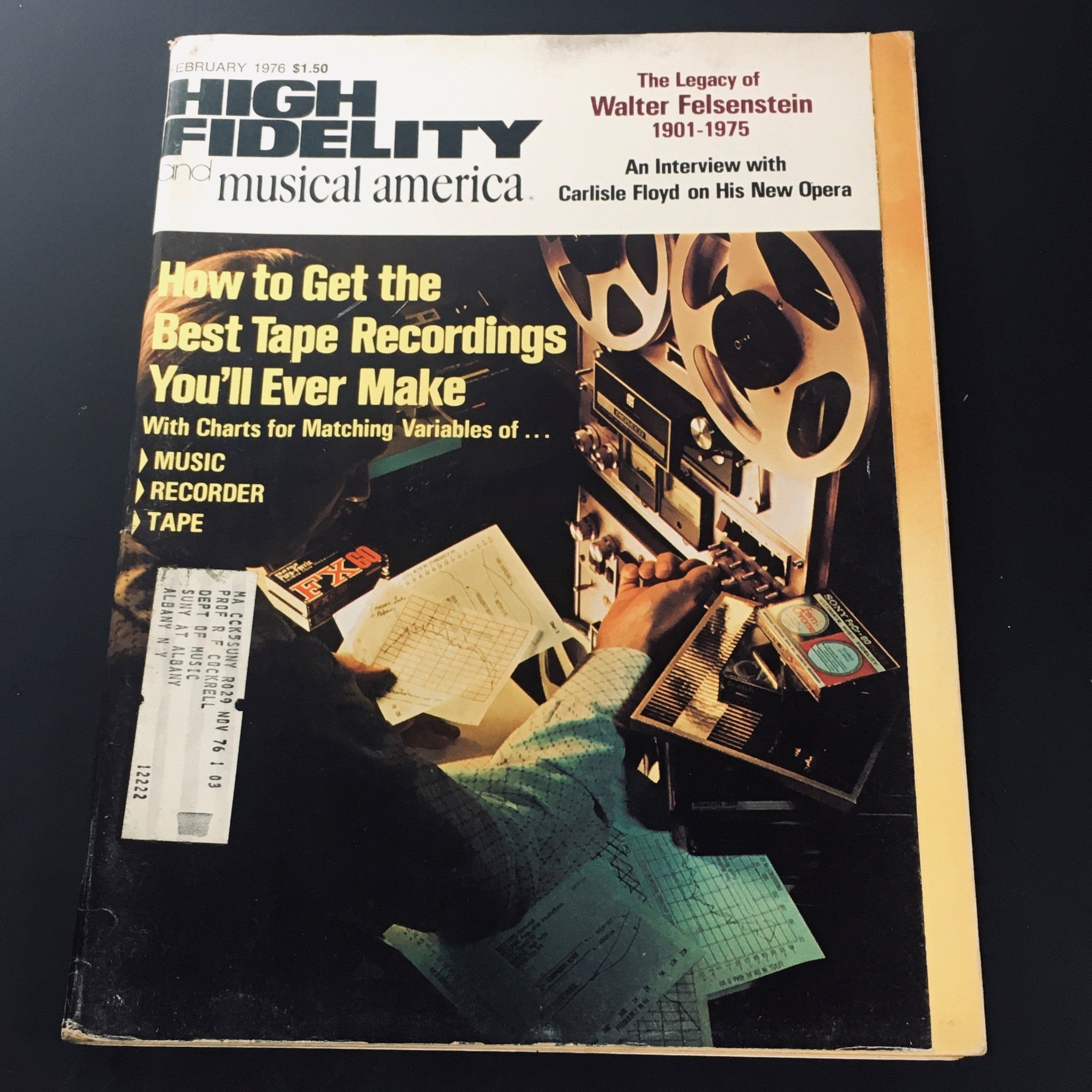 Cover of VTG High Fidelity Magazine February 1976 featuring an interview with Carlisle Floyd on his new opera, showcasing audio equipment and a graphic design typical of the 1970s.
