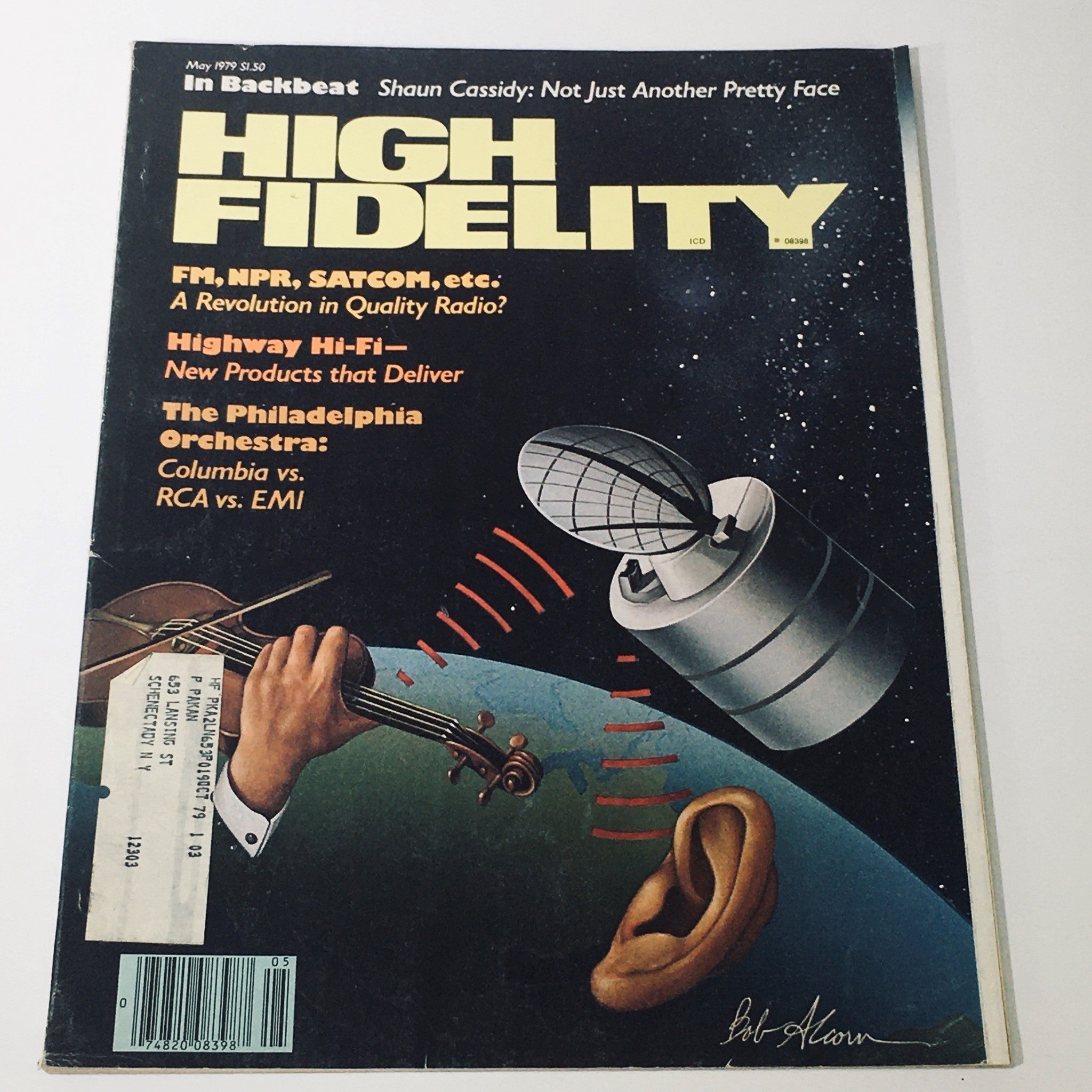 Cover of High Fidelity Magazine, May 1979, featuring The Philadelphia Orchestra and Highway Hi-Fi, showcasing a violin and audio technology in a cosmic theme.