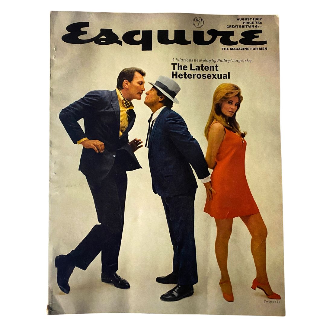 VTG Esquire Magazine August 1967 No. 405 cover featuring a provocative image under the theme The Latent Heterosexual, showcasing a dynamic interaction between three models dressed in 1960s fashion.