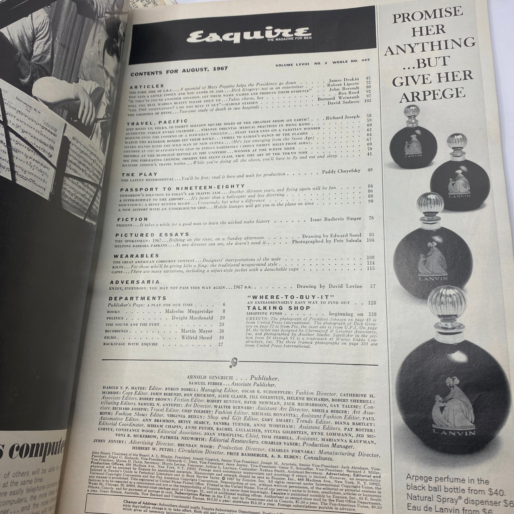 Inside page of VTG Esquire Magazine August 1967 No. 405 displaying the table of contents along with various articles and advertisements from the era, highlighting cultural insights and trends.
