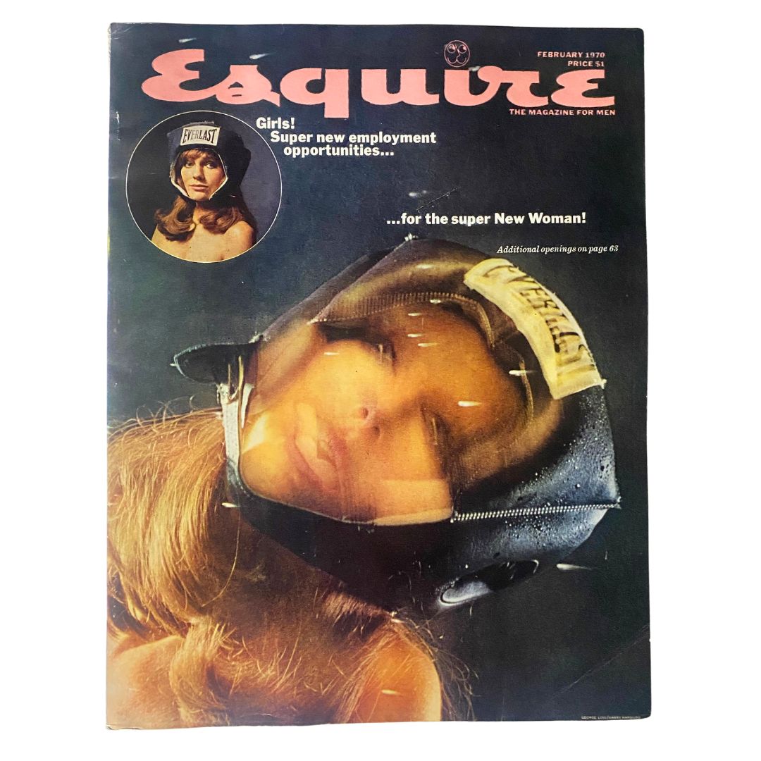 Esquire Magazine February 1970 No. 435 cover featuring a woman in a unique helmet, highlighting the theme of Super New Employment Opportunities.